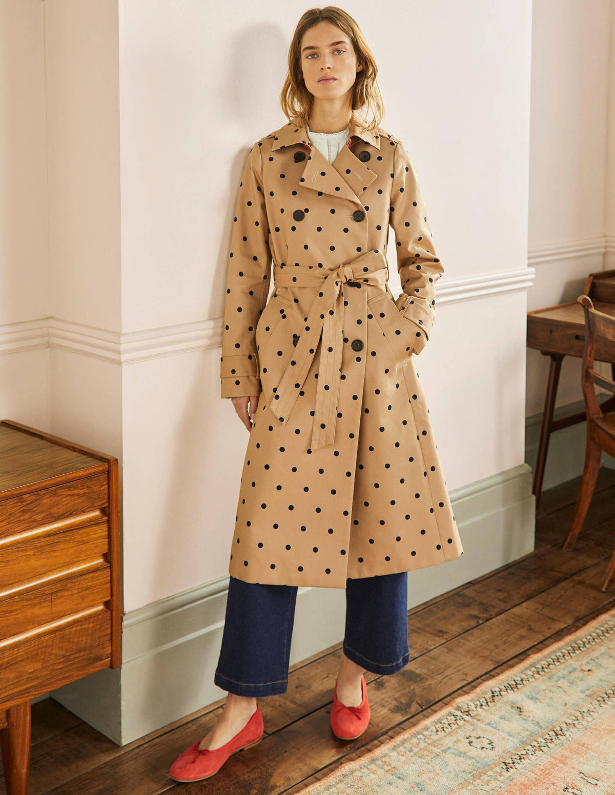 Printed Cotton Trench Coat-Ground Ginger, Spot - Image 4