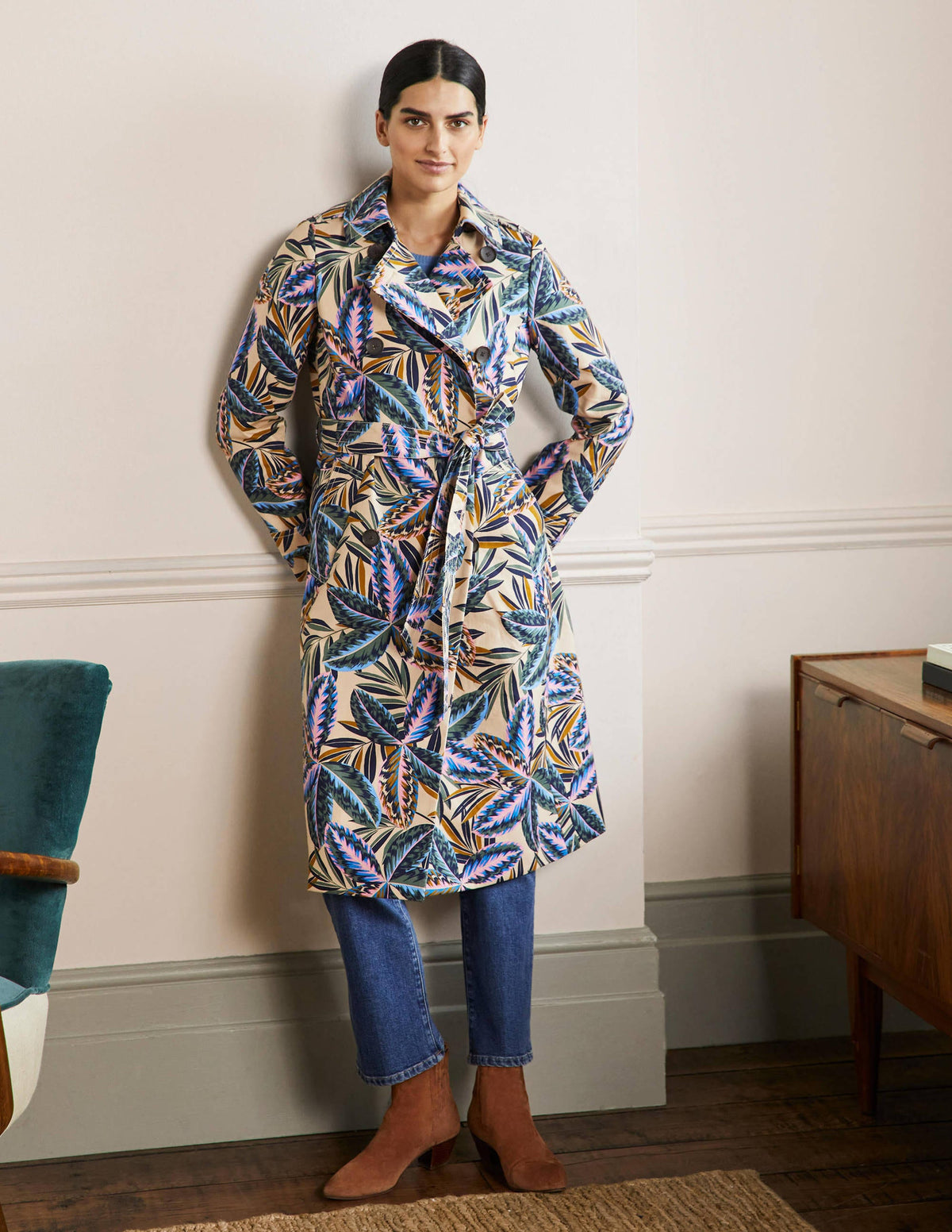 Printed Cotton Trench Coat-Rope, Exotic Leaves-1