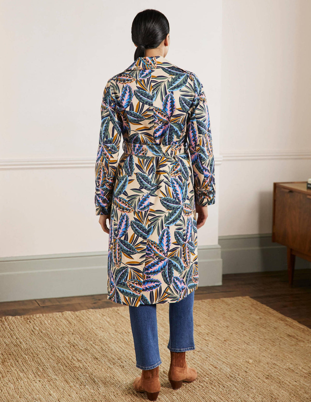 Printed Cotton Trench Coat-Rope, Exotic Leaves - Image 3