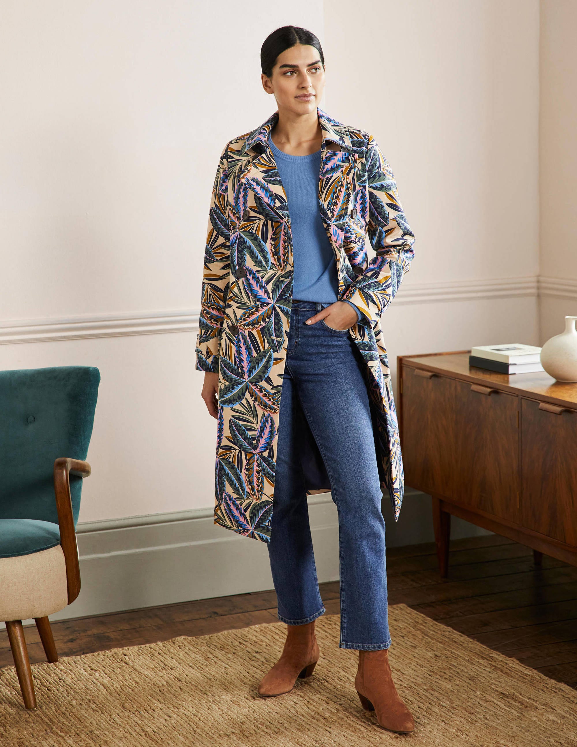 Printed Cotton Trench Coat-Rope, Exotic Leaves - Image 4