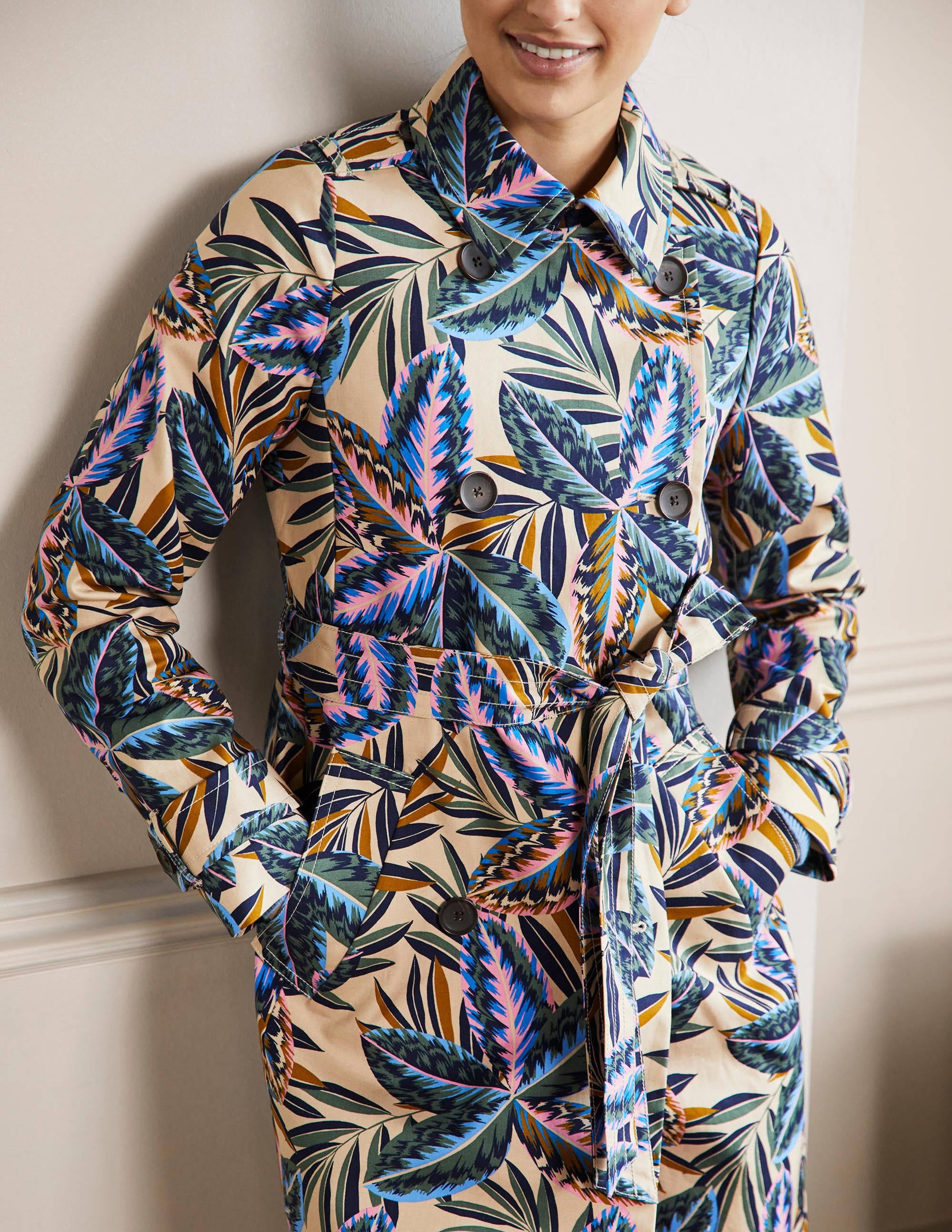 Printed Cotton Trench Coat-Rope, Exotic Leaves - Image 5