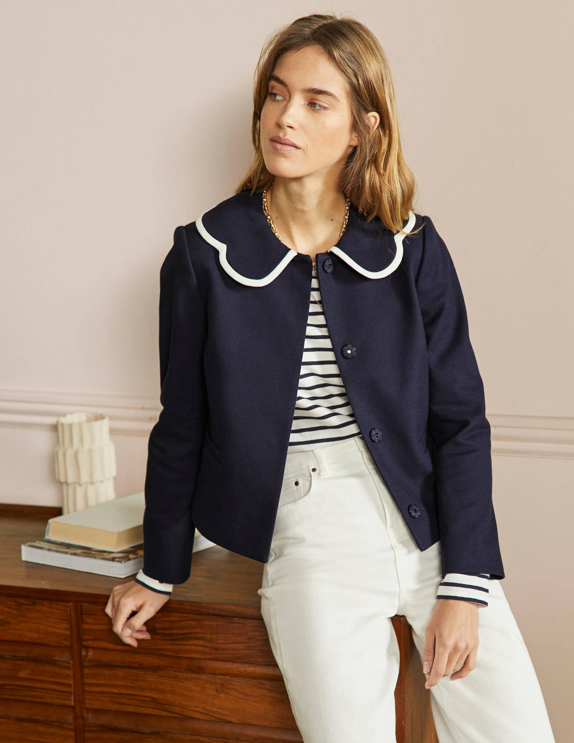 Scallop Collared Jacket-Navy - Image 4
