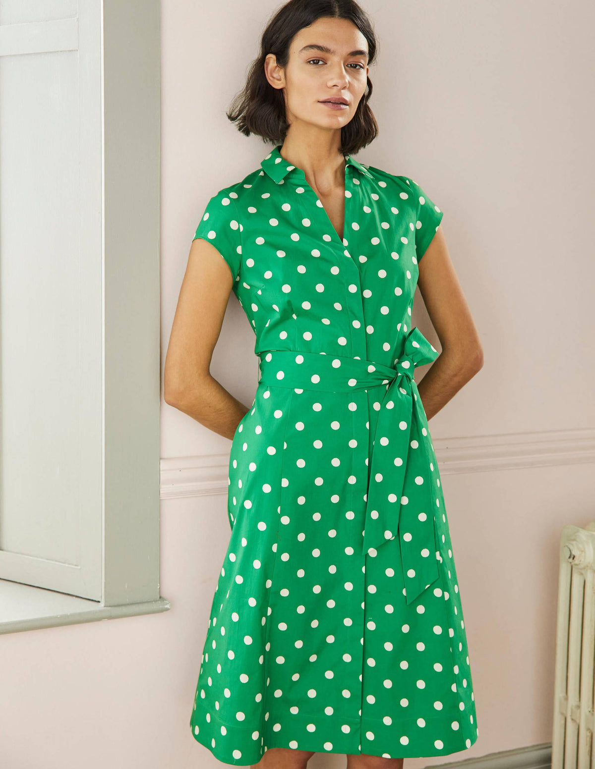 Short Sleeve Shirt Dress-Green, Regular Dot - Image 1