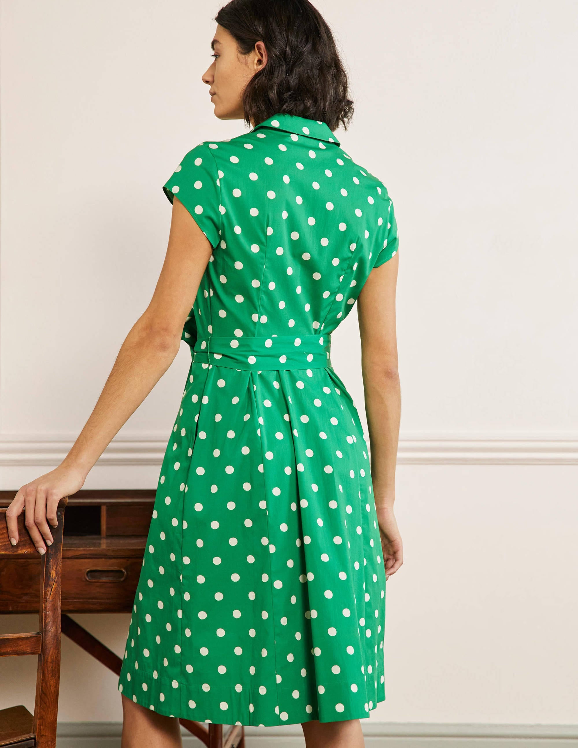 Short Sleeve Shirt Dress-Green, Regular Dot - Image 3