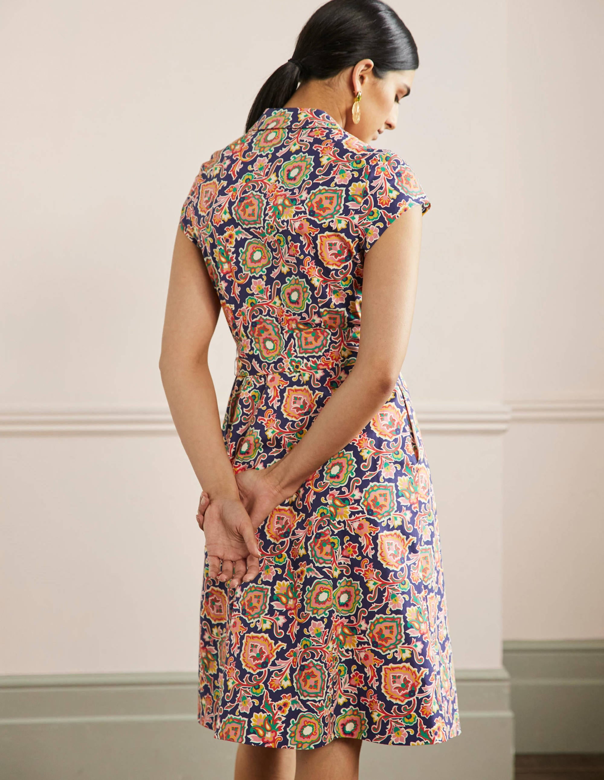 Short Sleeve Shirt Dress-Midnight, Decorative Blooms - Image 3