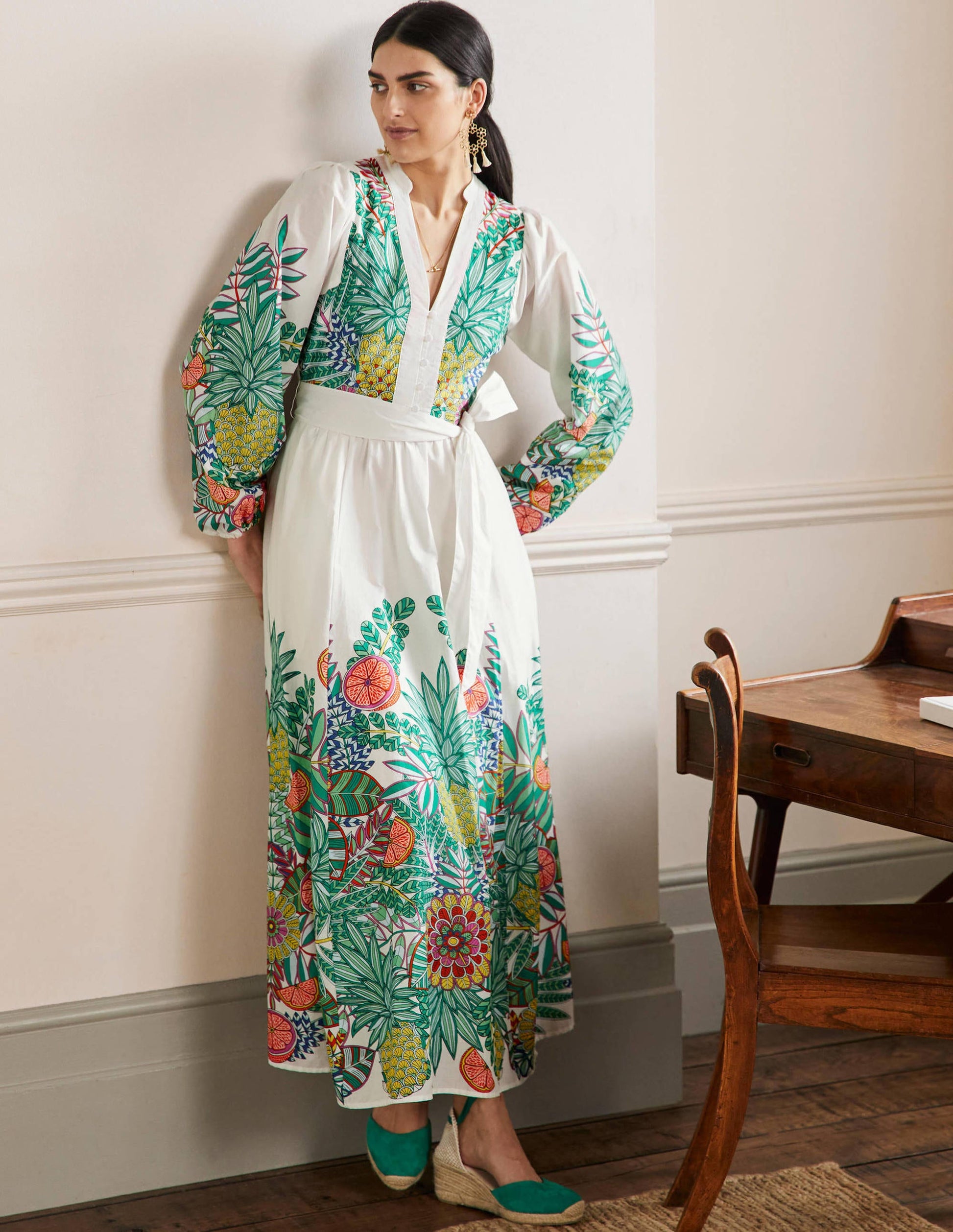 Notch Neck Cotton Maxi Dress-Ivory Pineapple-1