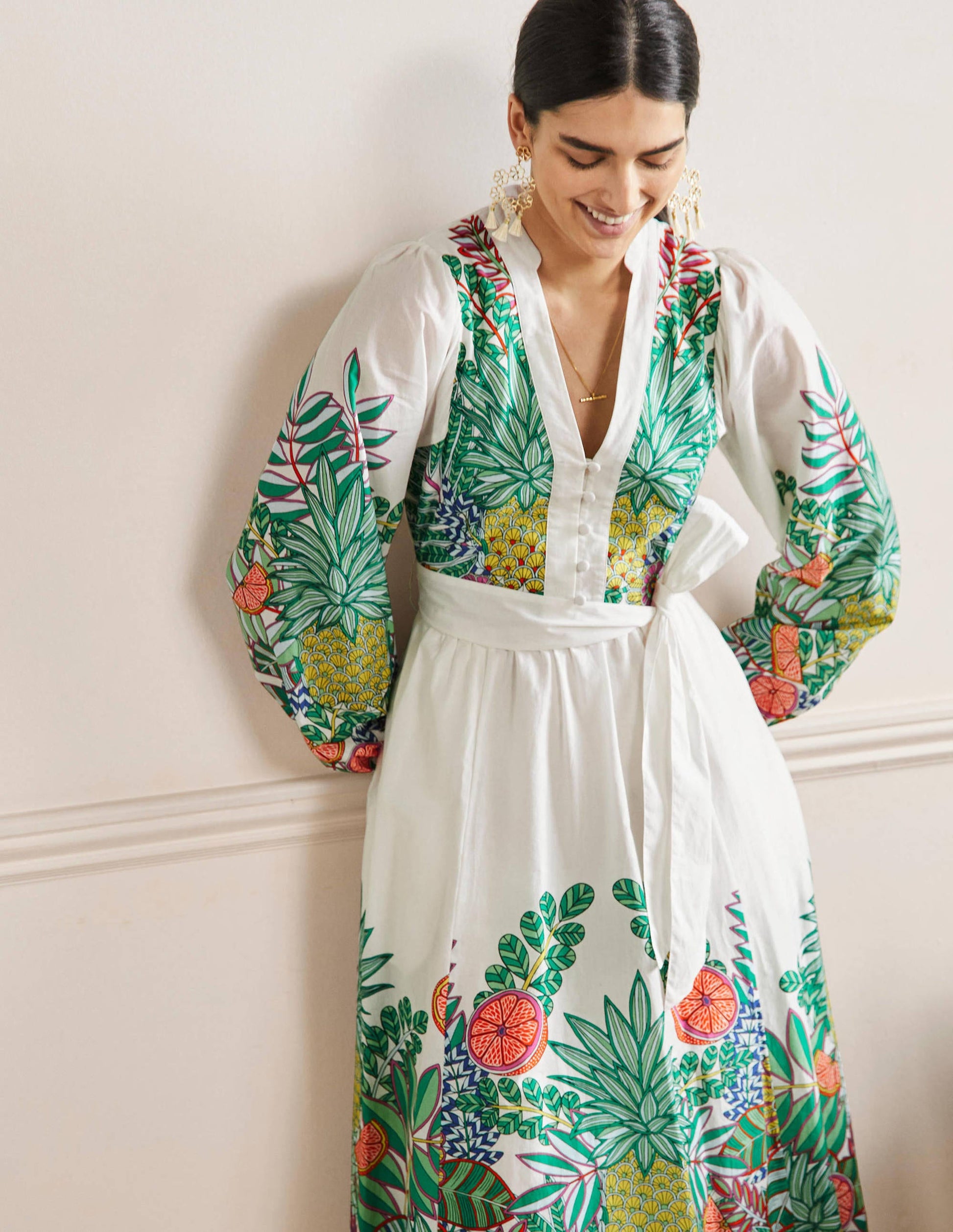 Notch Neck Cotton Maxi Dress-Ivory Pineapple-4