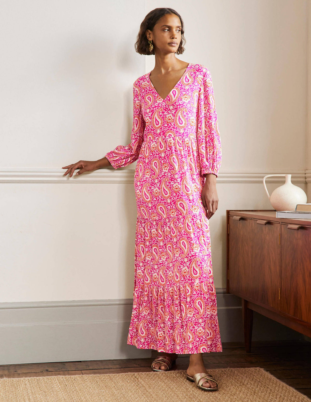 Blouson Sleeve Maxi Dress-Pop Pansy, Enchanting Paisley-1