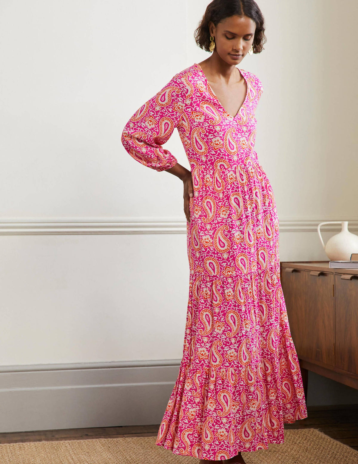 Blouson Sleeve Maxi Dress-Pop Pansy, Enchanting Paisley-4