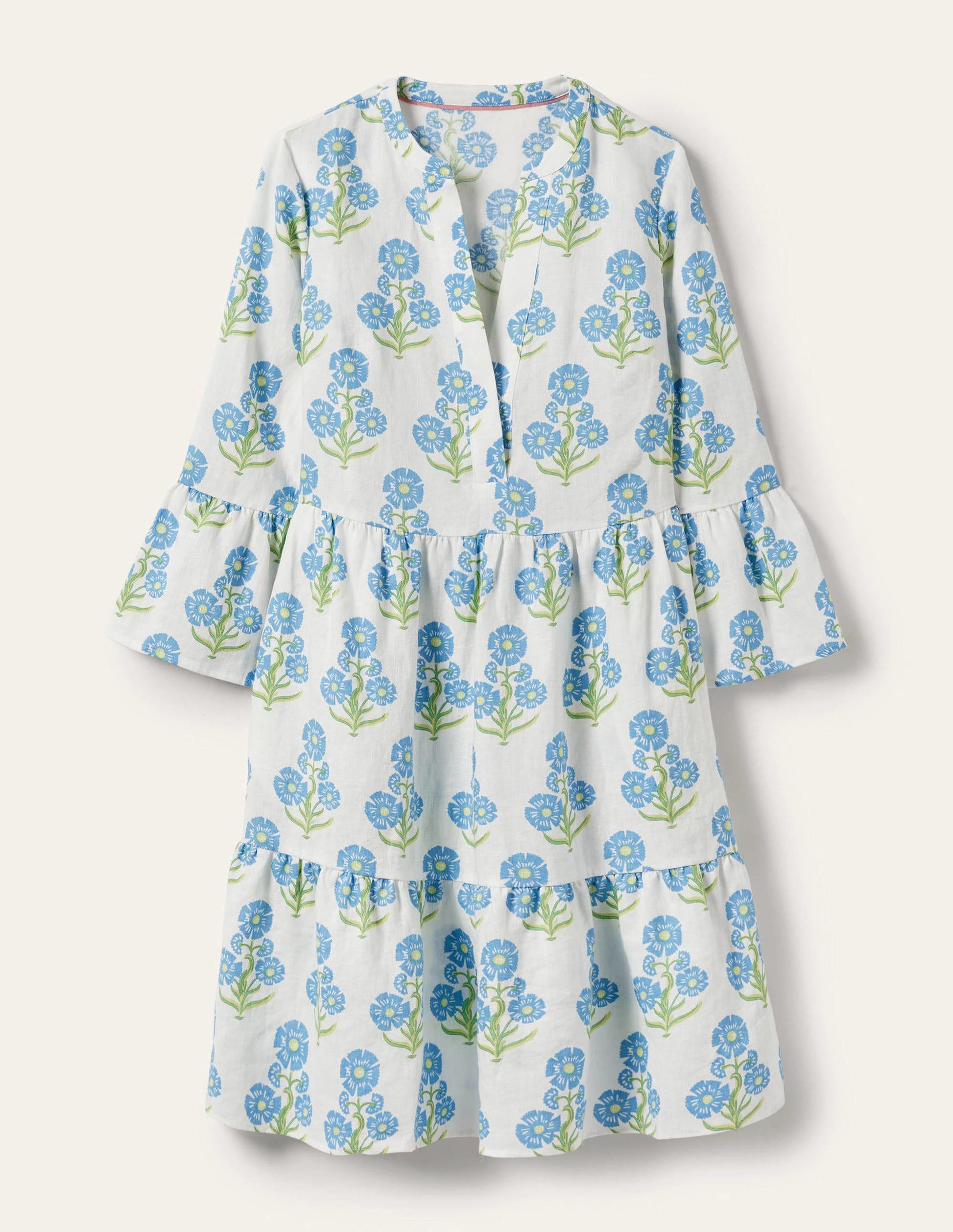 Relaxed Linen Tiered Dress-Molly Mahon Flower Woodblock-5