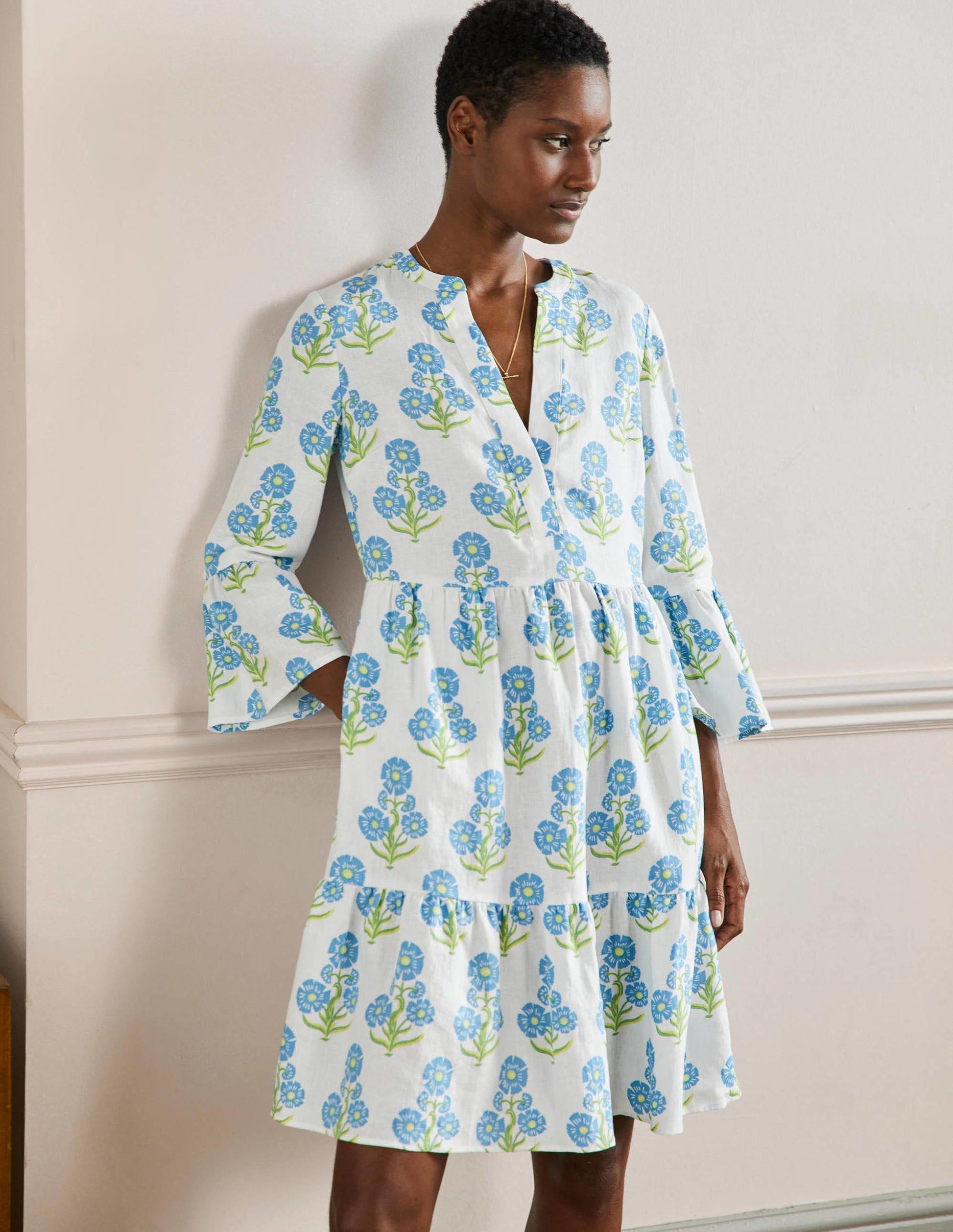 Relaxed Linen Tiered Dress-Molly Mahon Flower Woodblock-1
