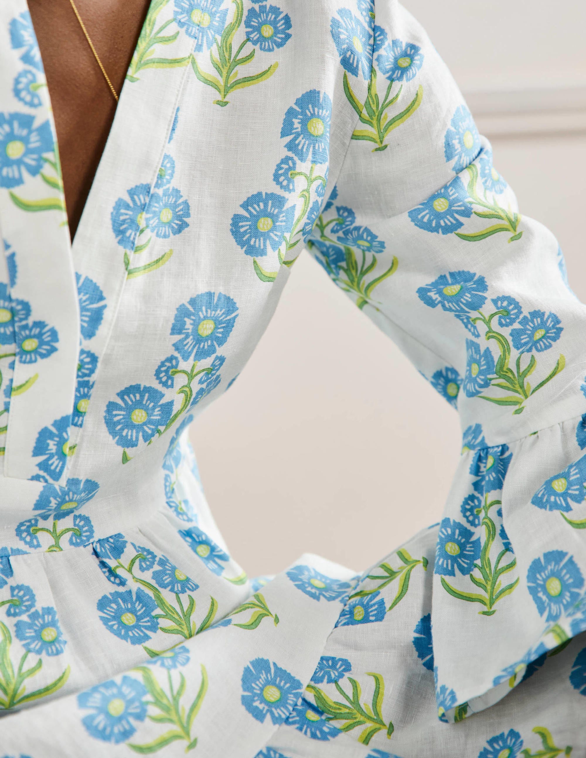 Relaxed Linen Tiered Dress-Molly Mahon Flower Woodblock - Image 2