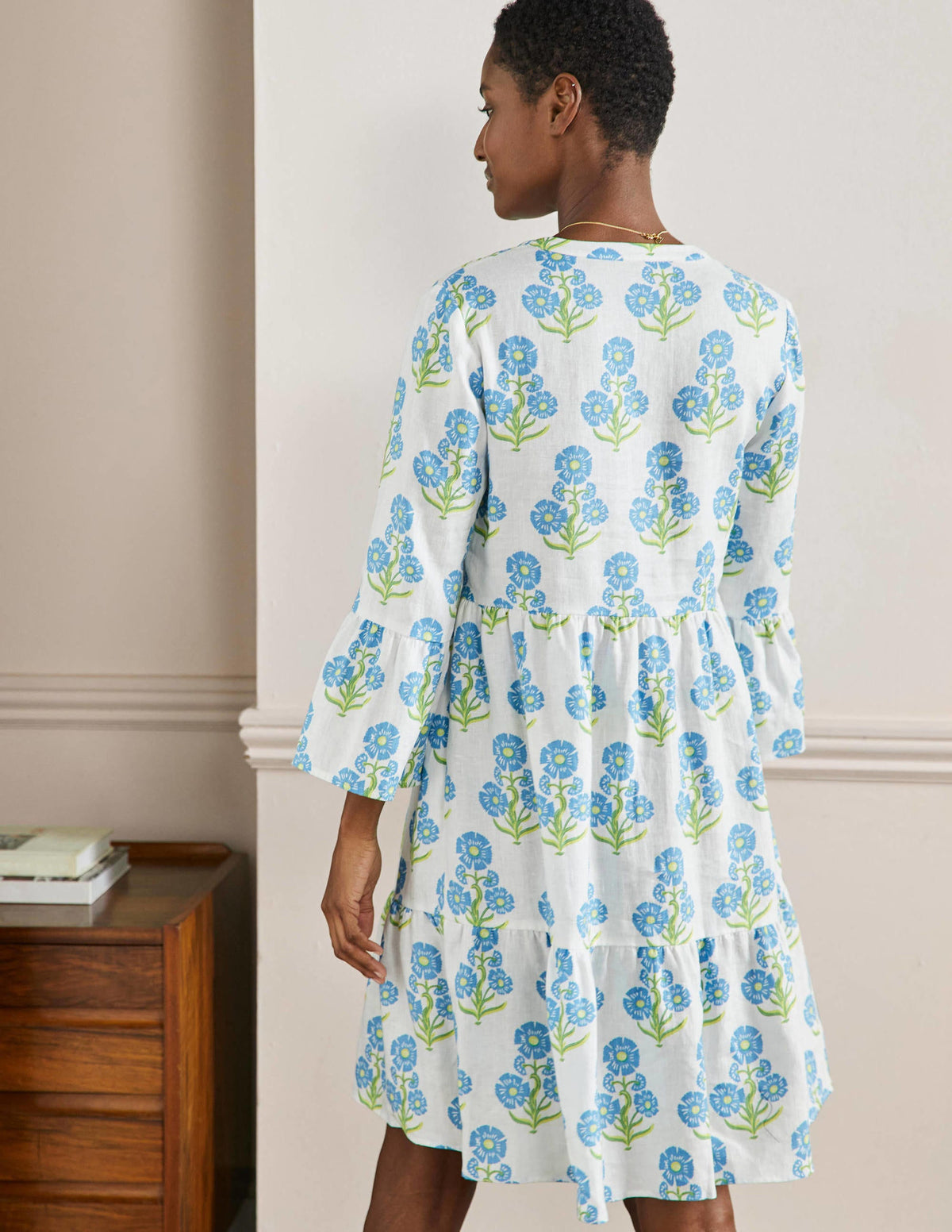 Relaxed Linen Tiered Dress-Molly Mahon Flower Woodblock - Image 3