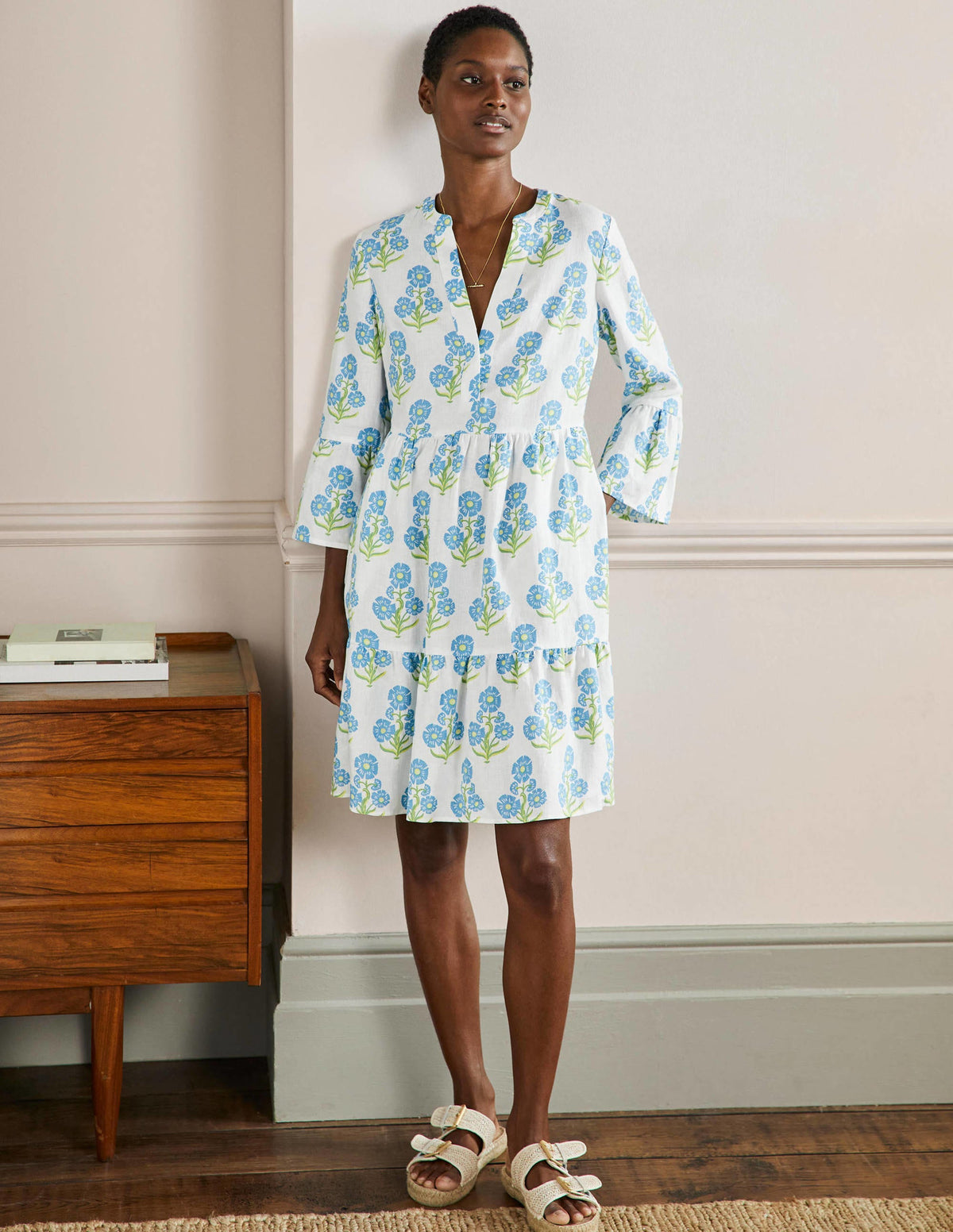 Relaxed Linen Tiered Dress-Molly Mahon Flower Woodblock - Image 4
