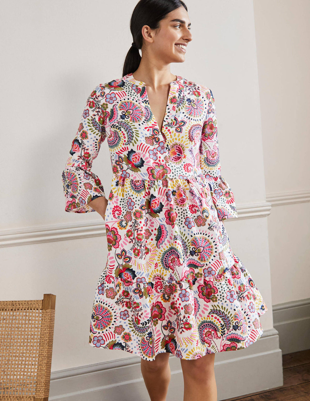 Relaxed Linen Tiered Dress-Multi, Decorative Meadow-1