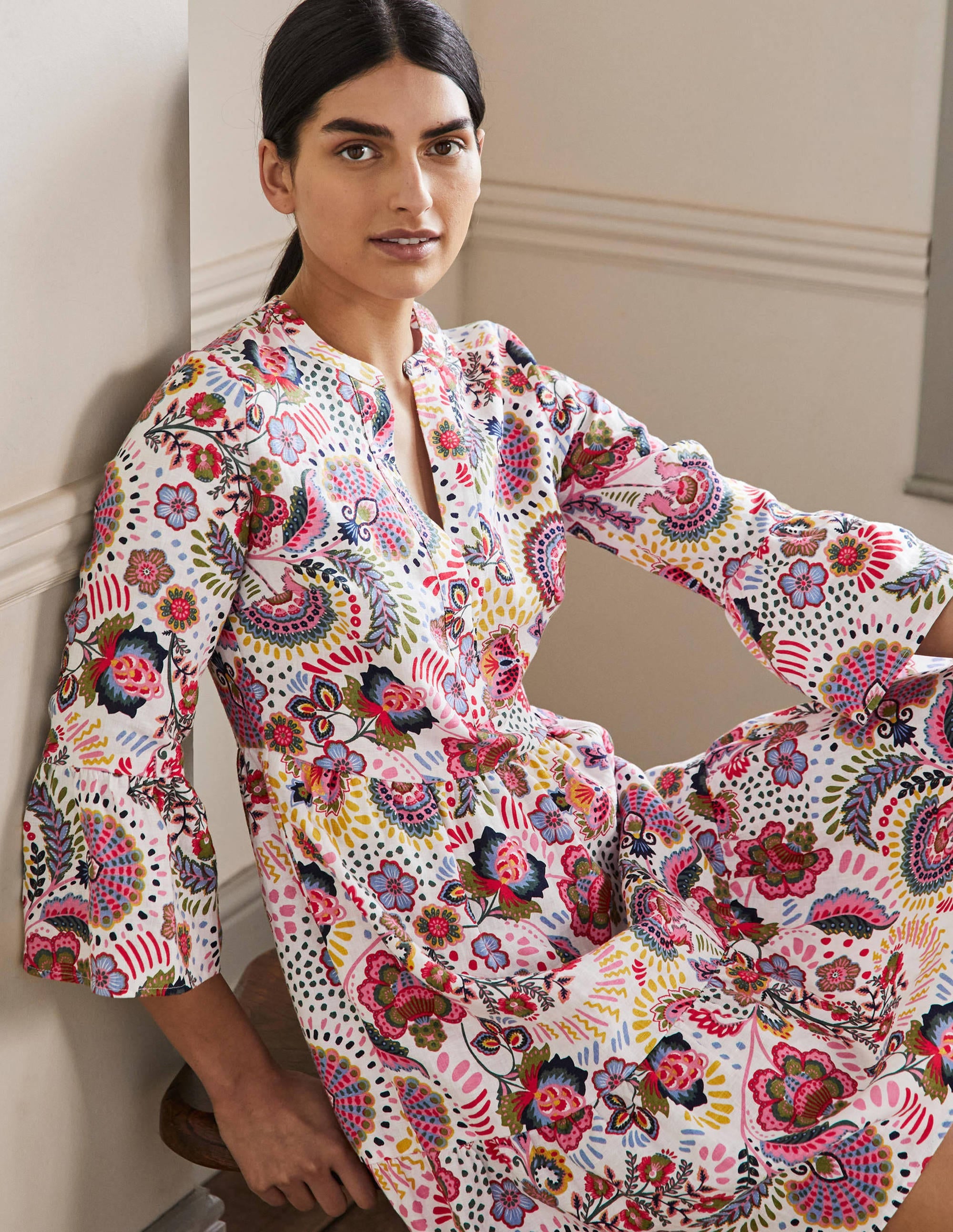 Relaxed Linen Tiered Dress-Multi, Decorative Meadow - Image 4