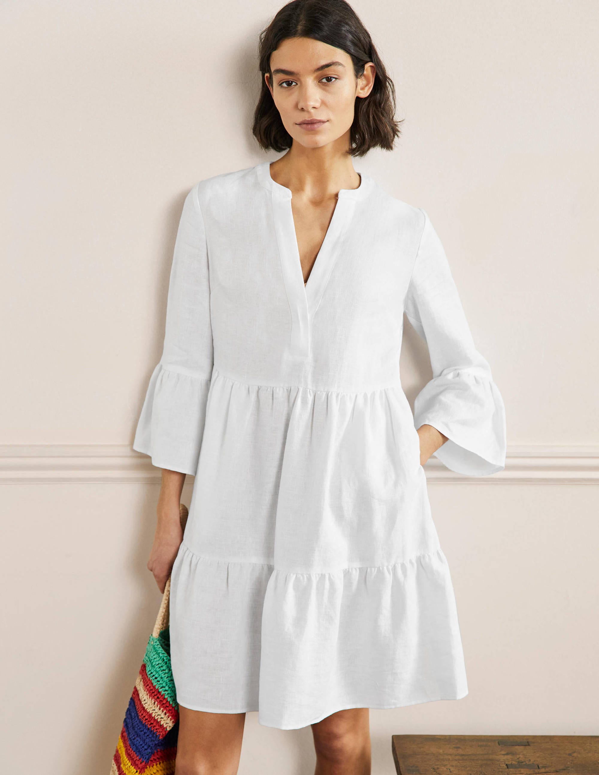 Relaxed Linen Tiered Dress-White - Image 1