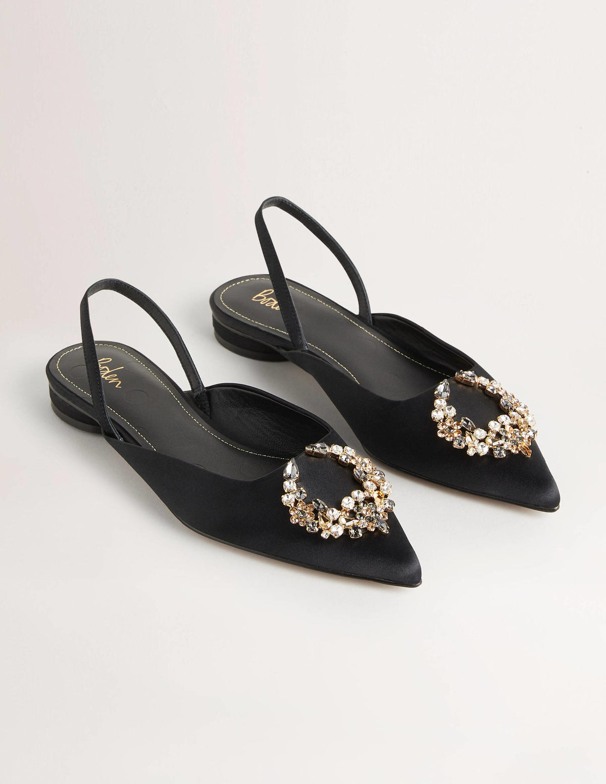 Embellished Satin Slingbacks-Black, Clear Jewels-2