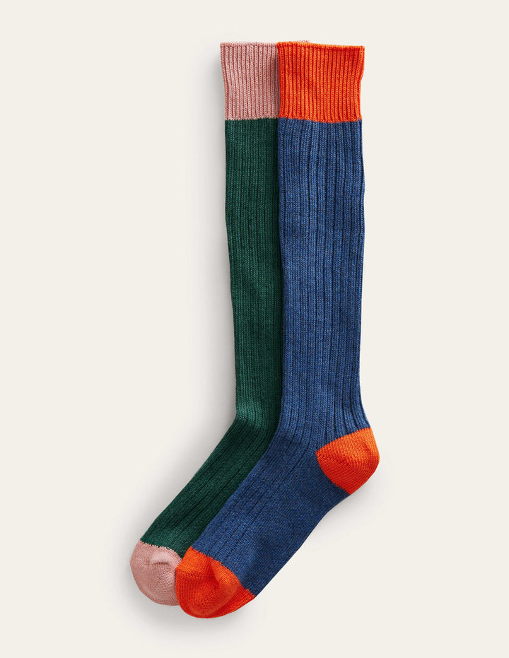 2 Pack Boot Socks-Green/ Navy Colourblock