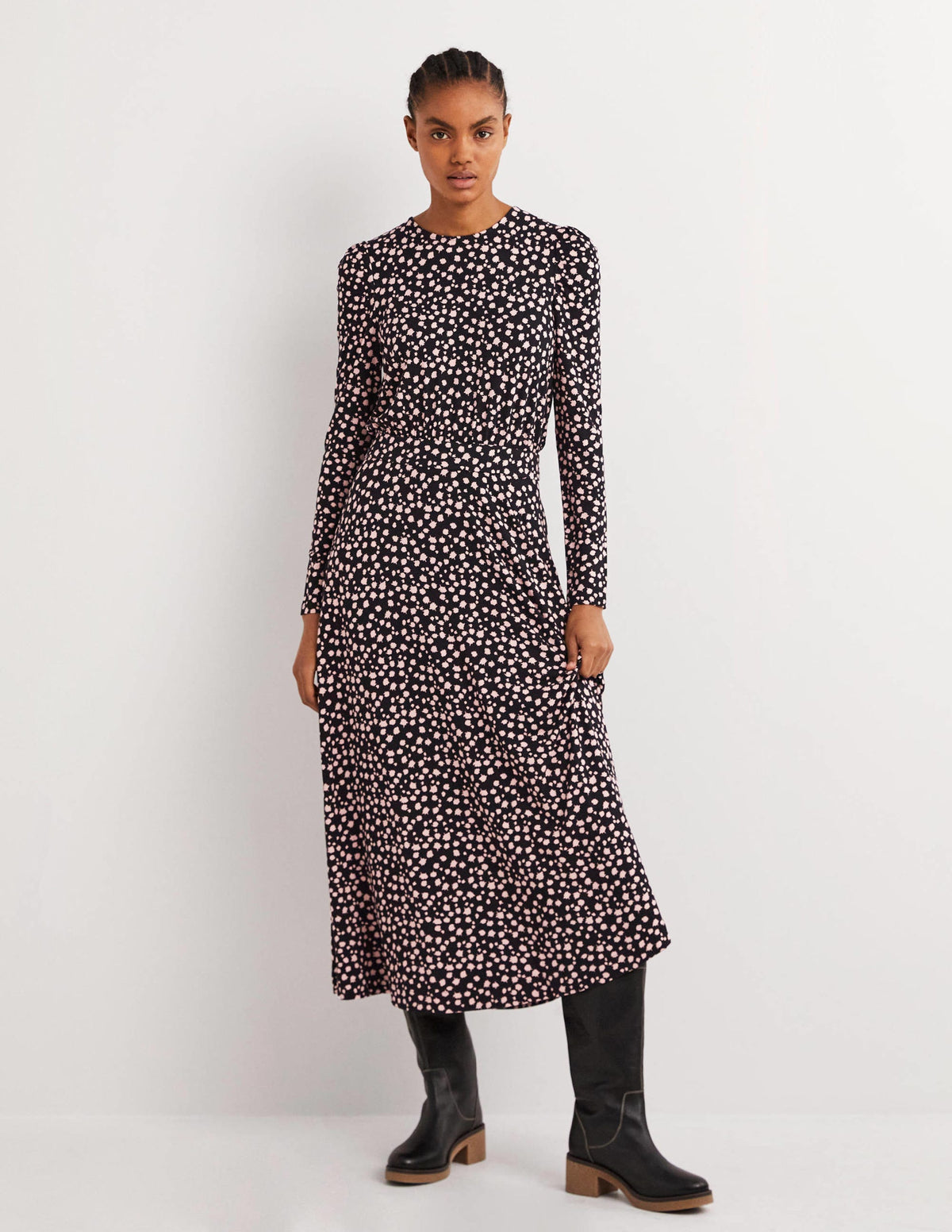 Puff Sleeve Jersey Midi Dress-Black, Falling Bud - Image 1