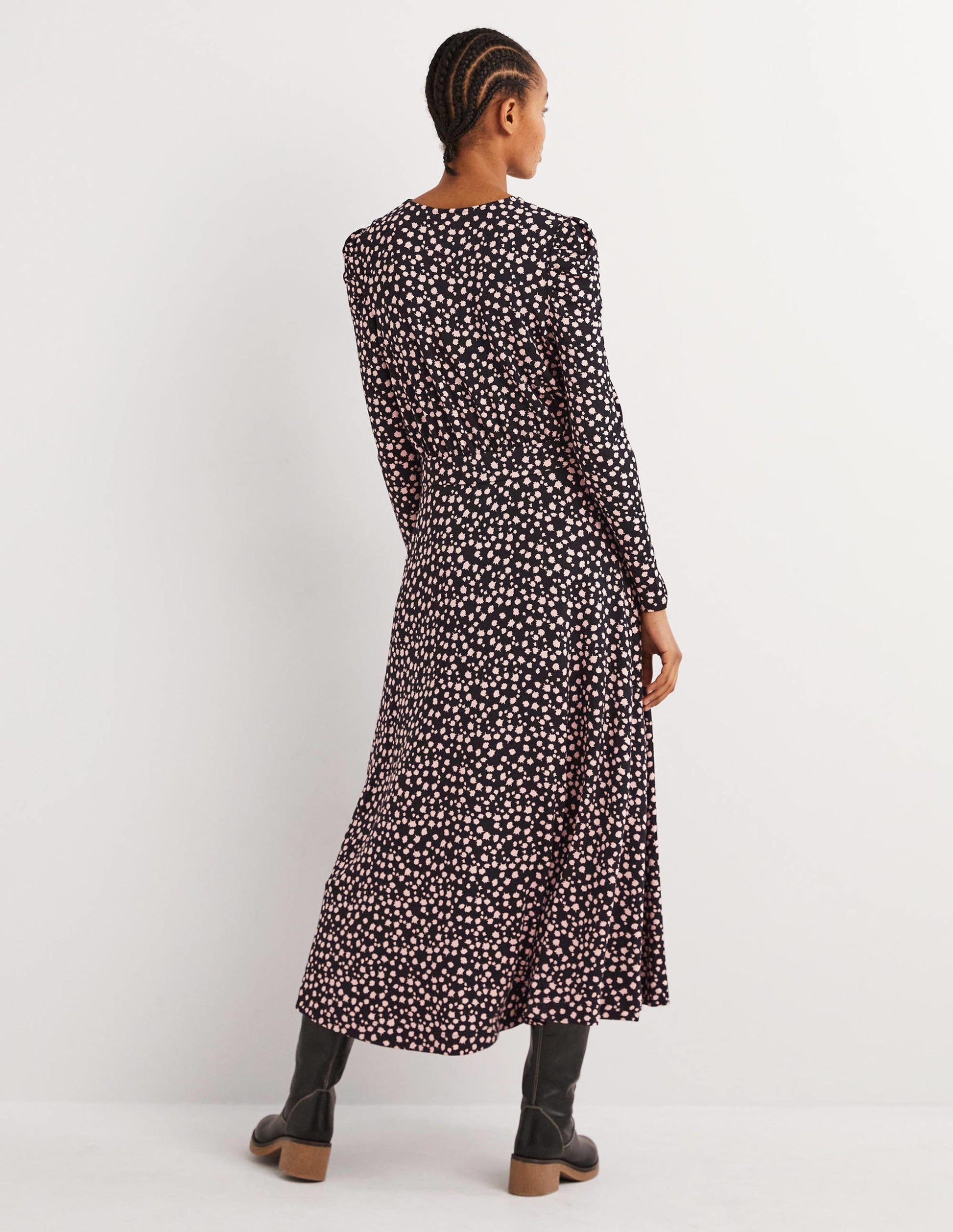 Puff Sleeve Jersey Midi Dress-Black, Falling Bud-3