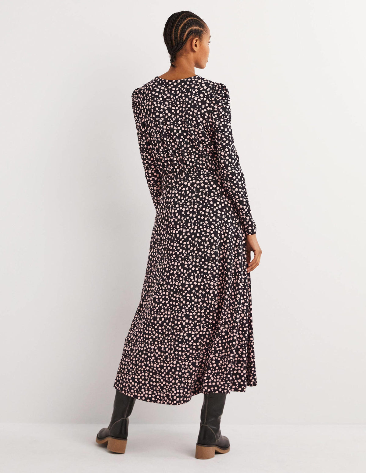 Puff Sleeve Jersey Midi Dress-Black, Falling Bud - Image 3