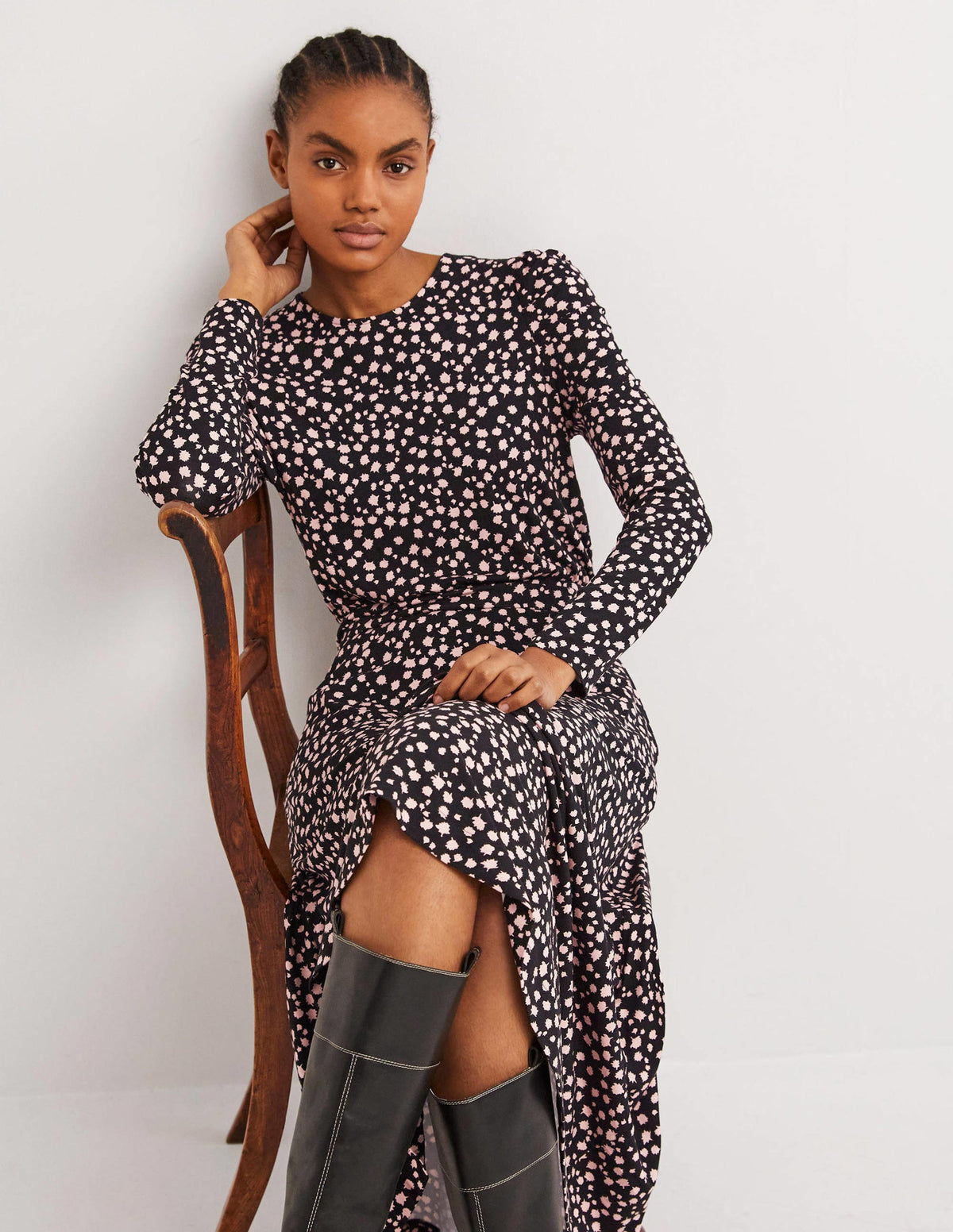 Puff Sleeve Jersey Midi Dress-Black, Falling Bud - Image 4