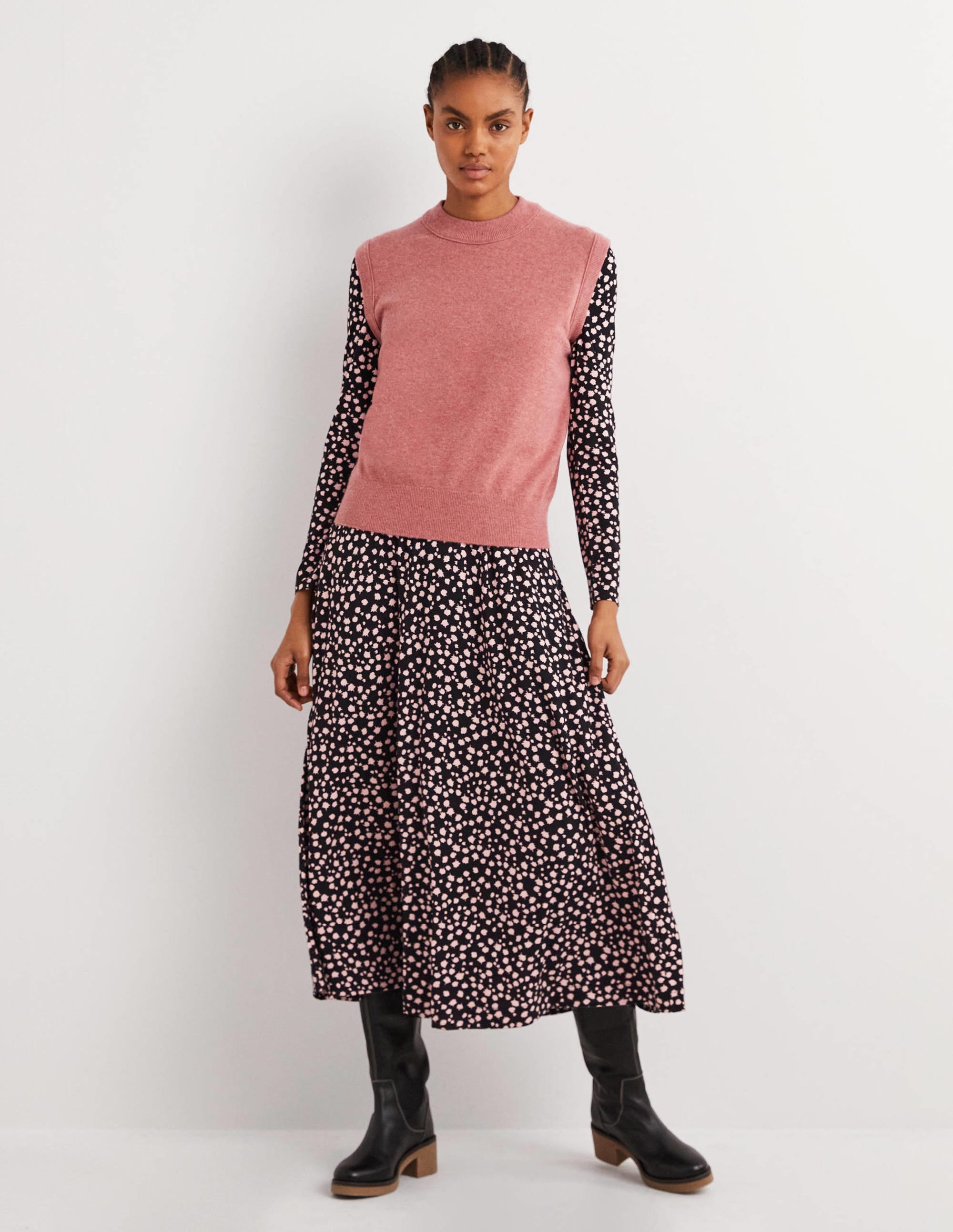 Puff Sleeve Jersey Midi Dress-Black, Falling Bud - Image 5