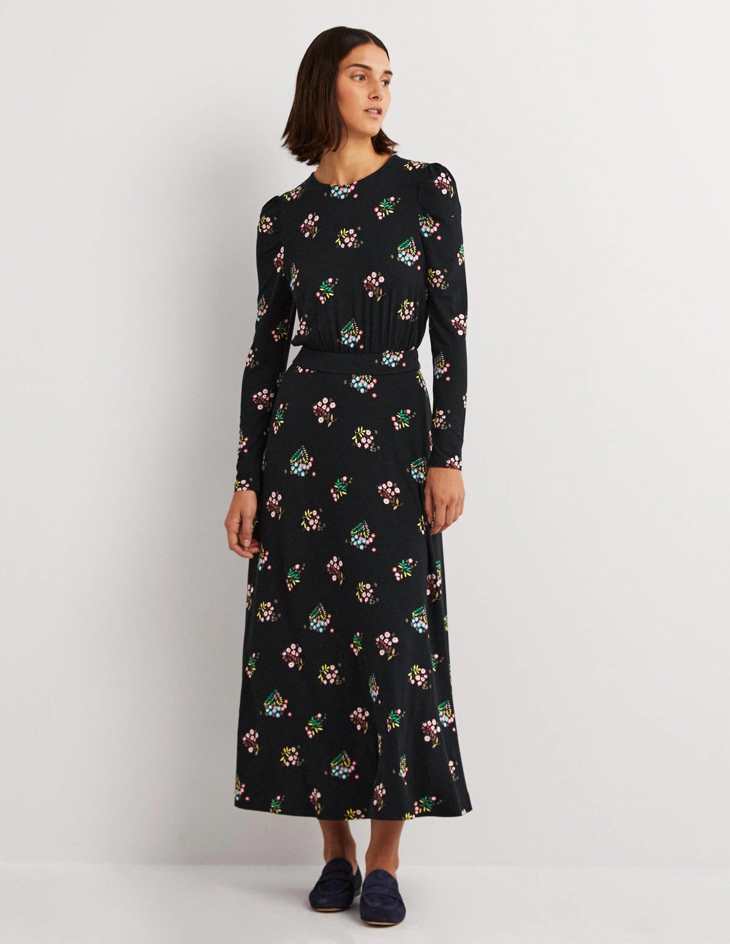 Puff Sleeve Jersey Midi Dress-Black, Delicate Sprig