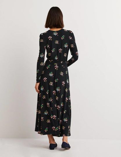 Puff Sleeve Jersey Midi Dress-Black, Delicate Sprig