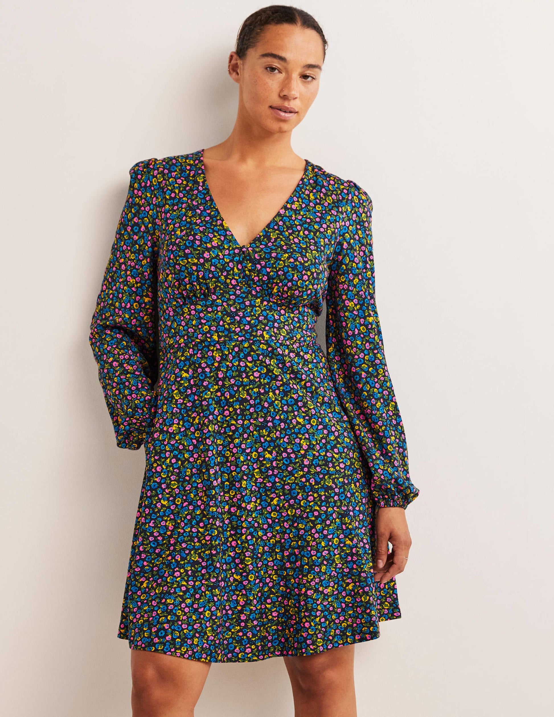 V-Neck Jersey Tea Dress-Navy, Floral Terrace-1