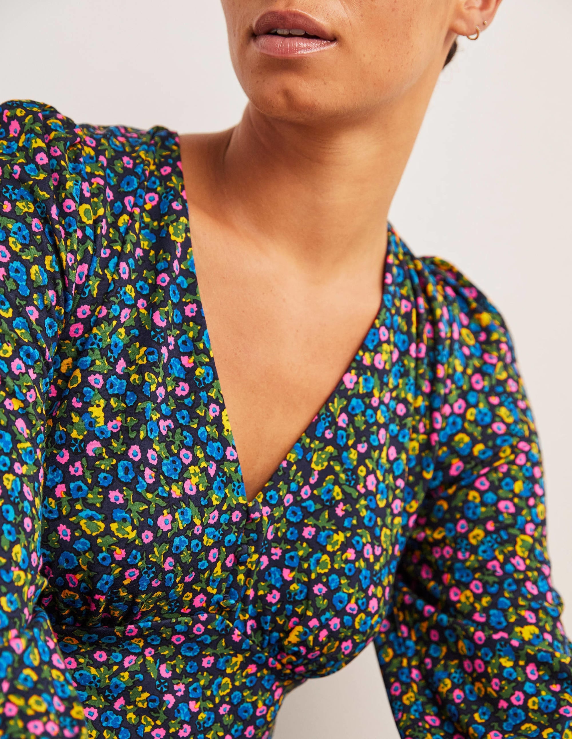V-Neck Jersey Tea Dress-Navy, Floral Terrace - Image 2