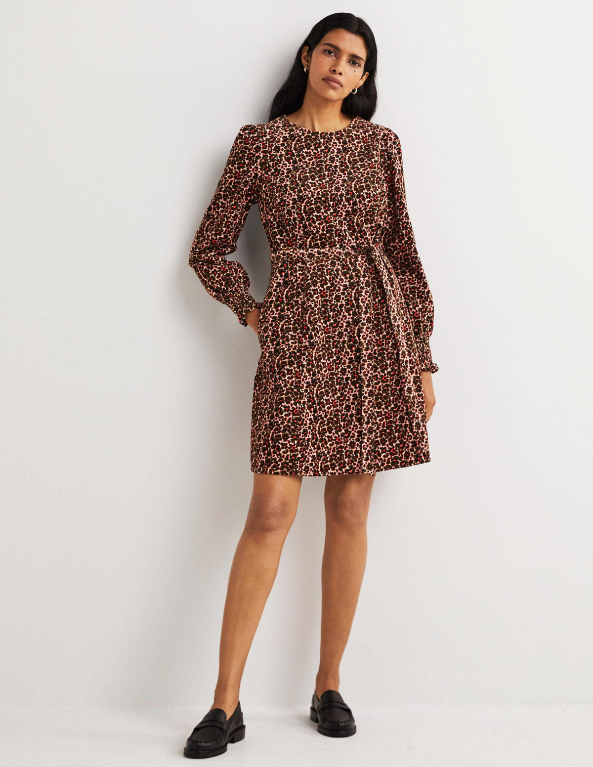 Smocked Cuff Corduroy Dress-Milkshake, Abstract Bud - Image 1