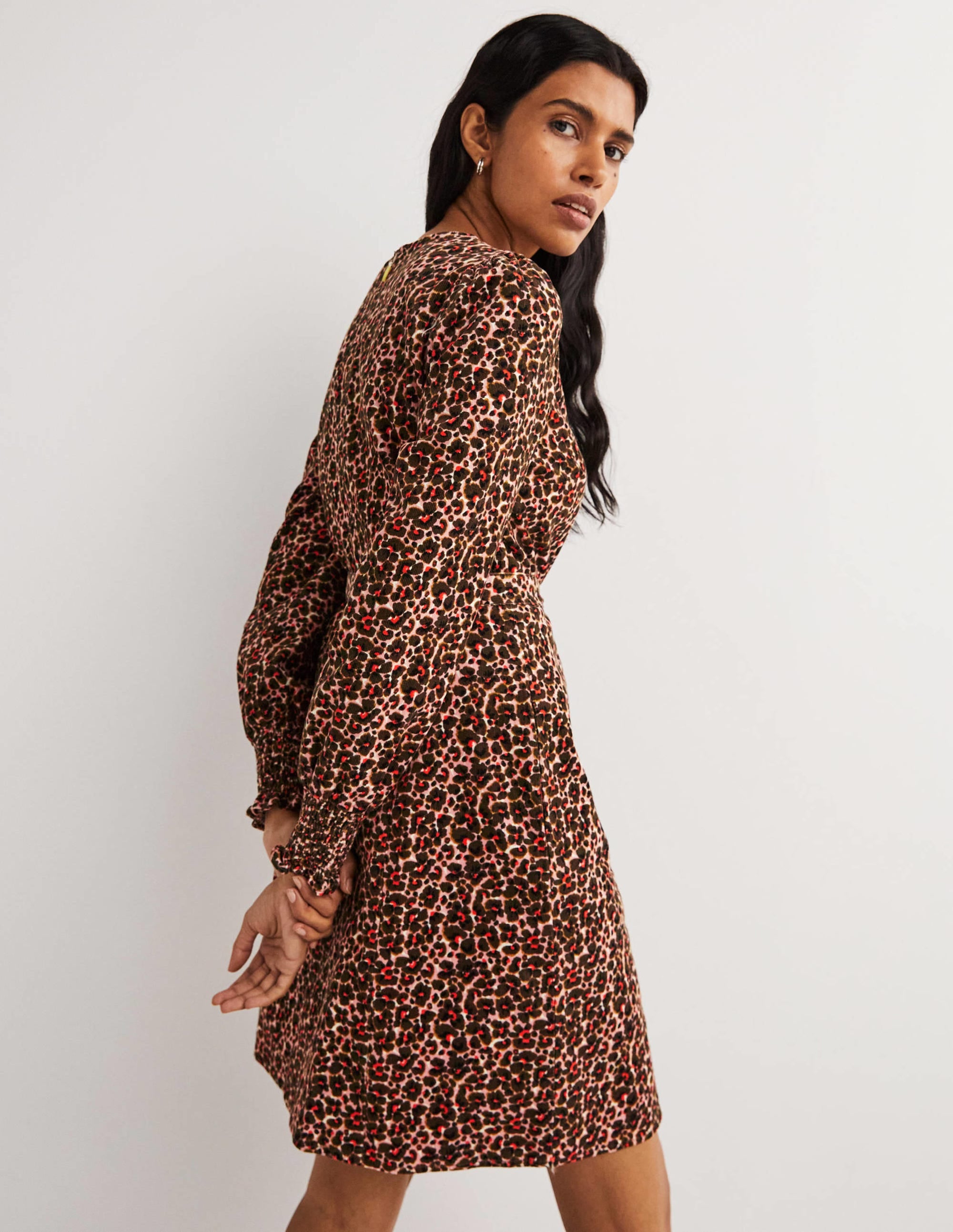Smocked Cuff Corduroy Dress-Milkshake, Abstract Bud - Image 3