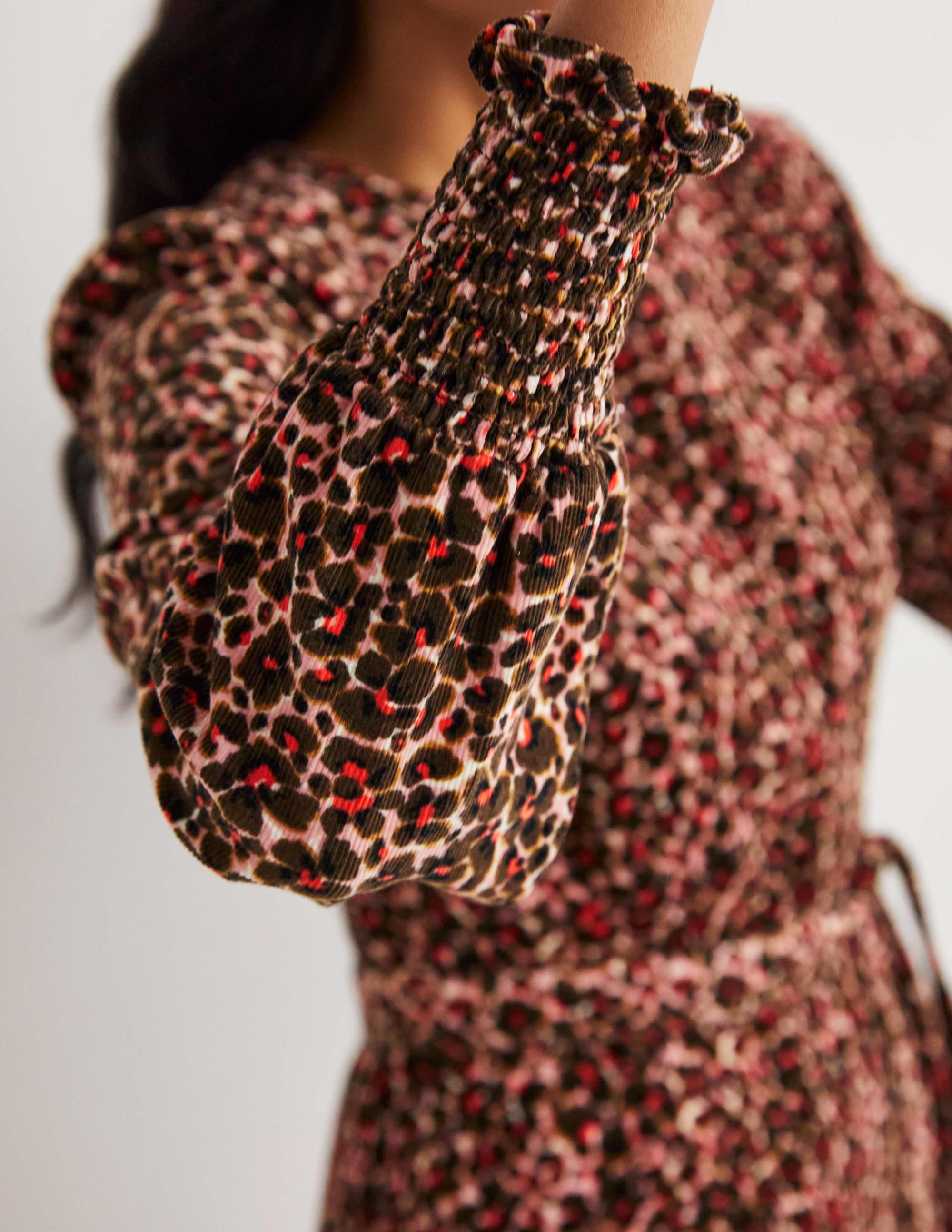 Smocked Cuff Corduroy Dress-Milkshake, Abstract Bud - Image 4