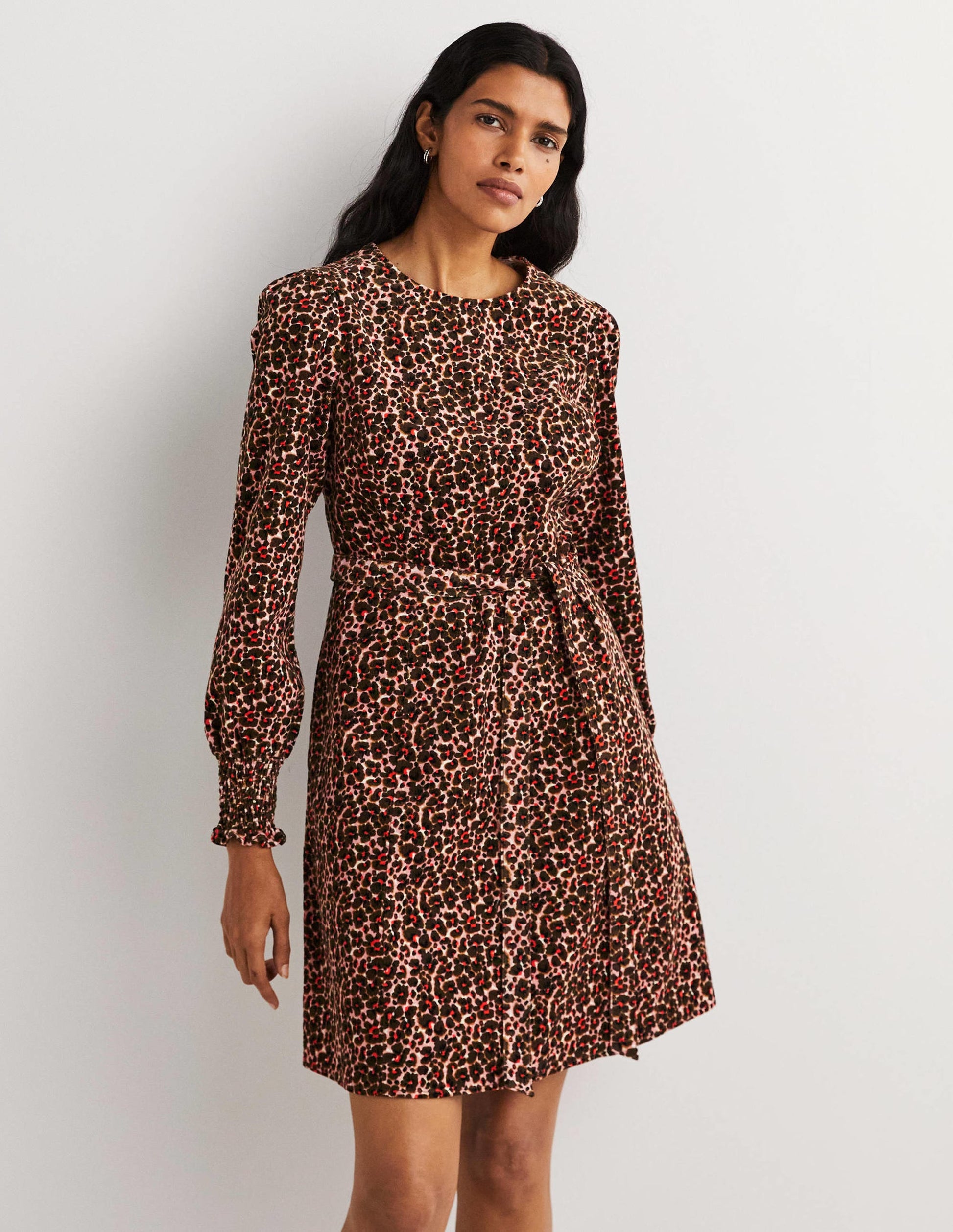 Smocked Cuff Corduroy Dress-Milkshake, Abstract Bud-5