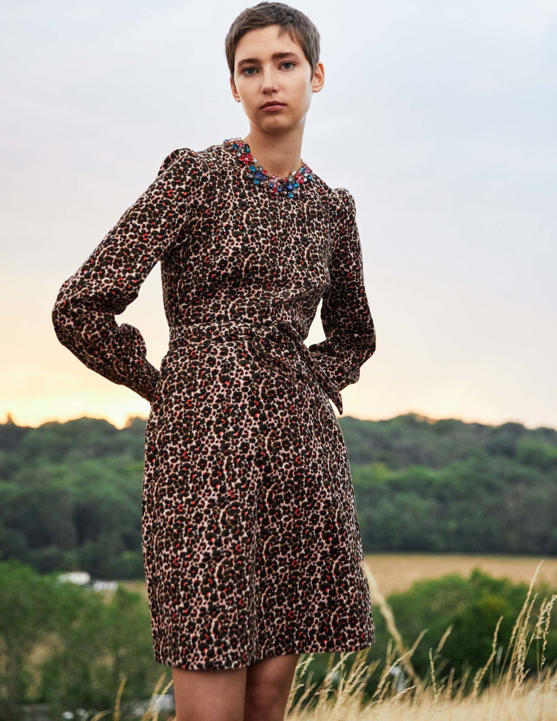 Smocked Cuff Corduroy Dress-Milkshake, Abstract Bud-7