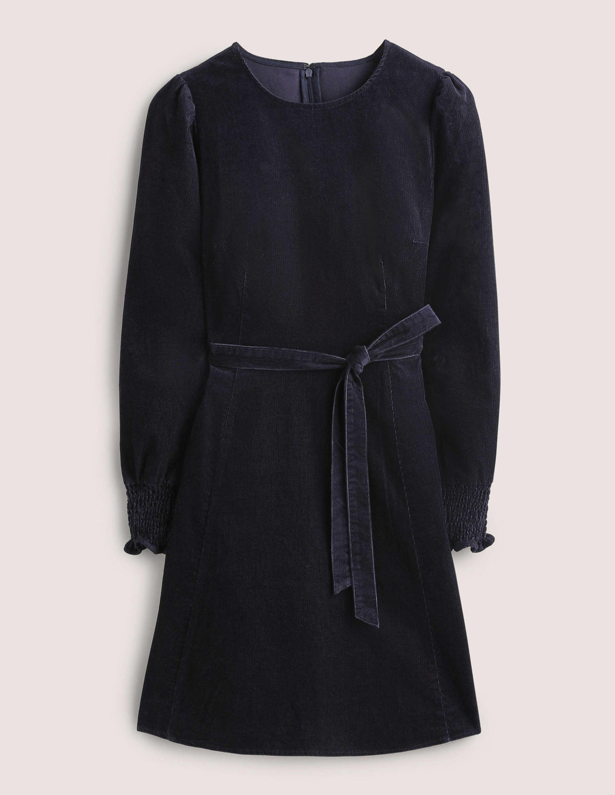 Smocked Cuff Corduroy Dress-Navy-6