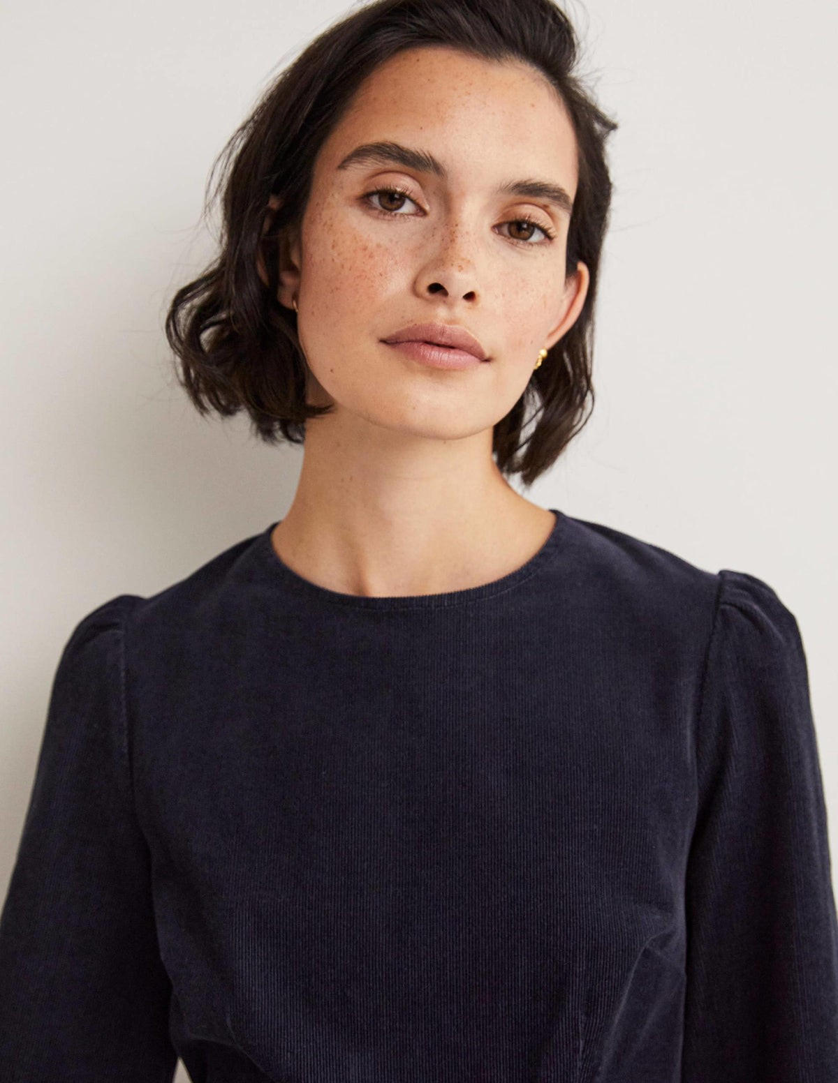Smocked Cuff Corduroy Dress-Navy - Image 2
