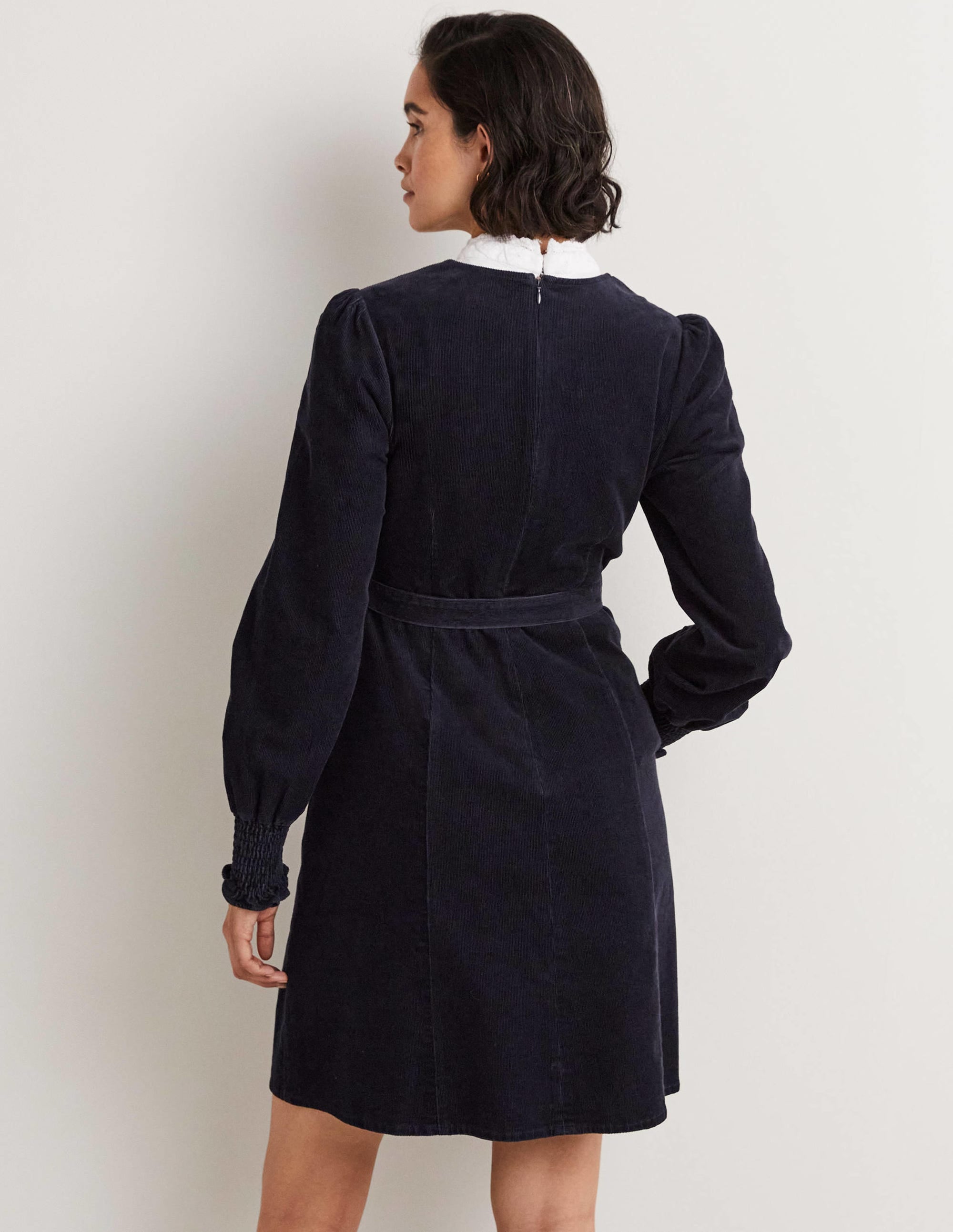 Smocked Cuff Corduroy Dress-Navy - Image 3
