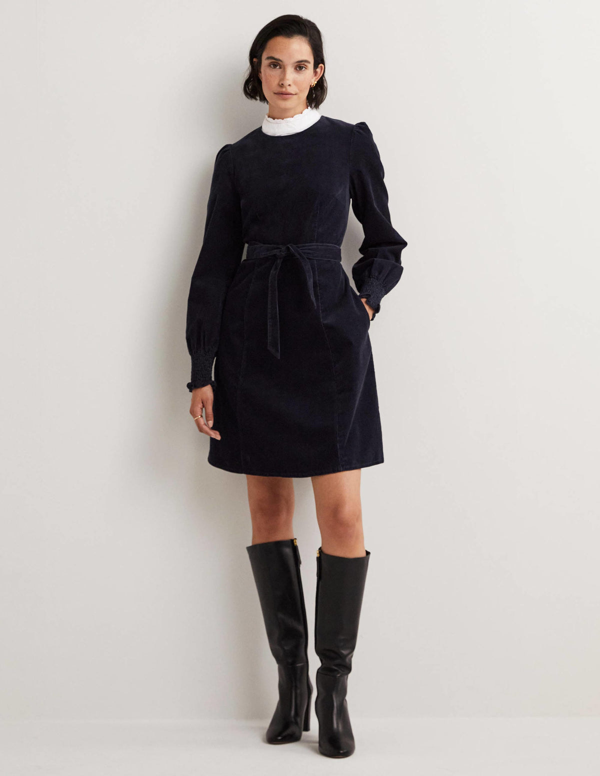 Smocked Cuff Corduroy Dress-Navy-4