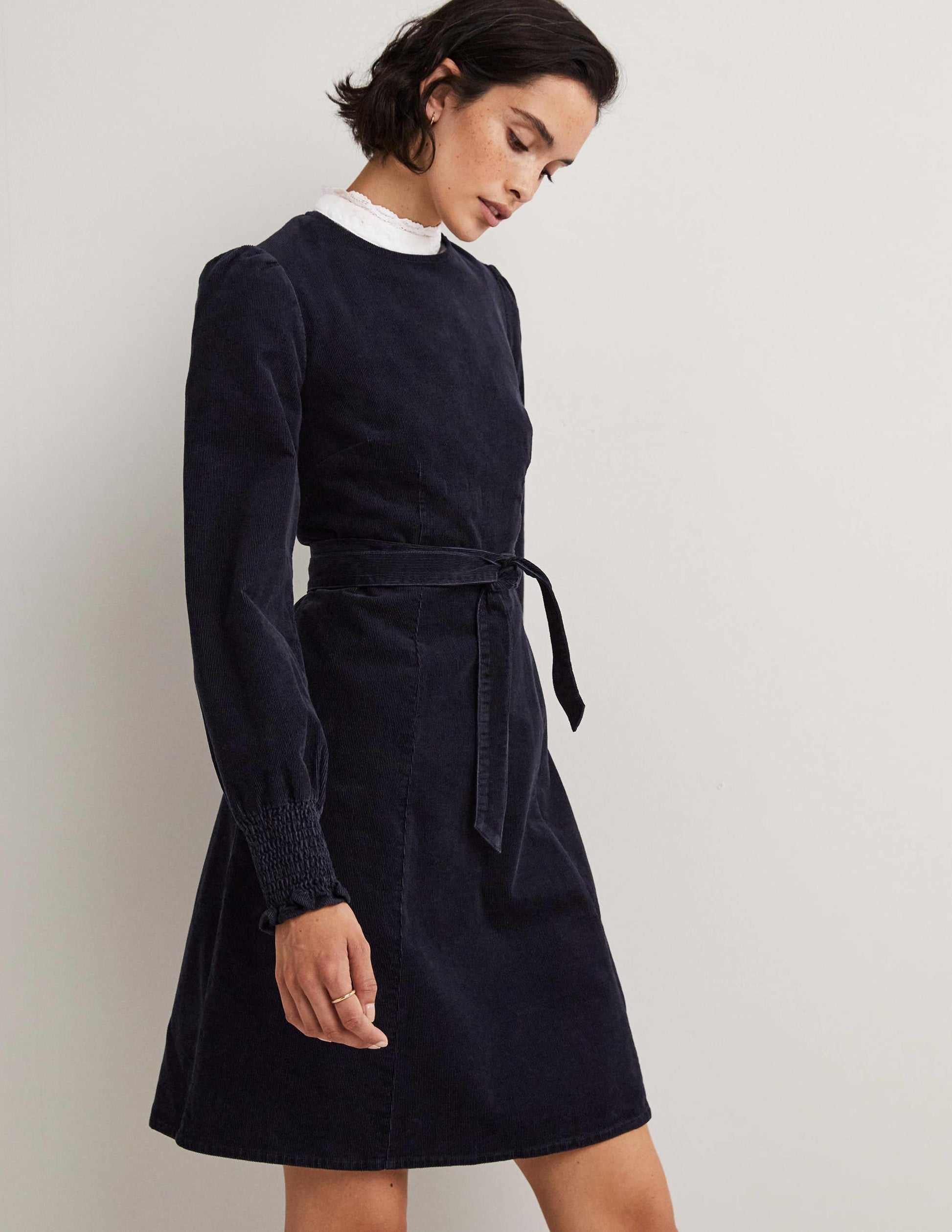 Smocked Cuff Corduroy Dress-Navy-5