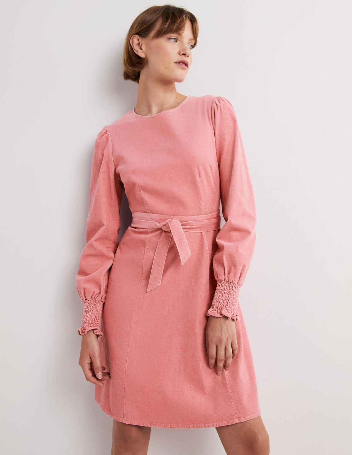 Smocked Cuff Corduroy Dress-Wild Rose-1