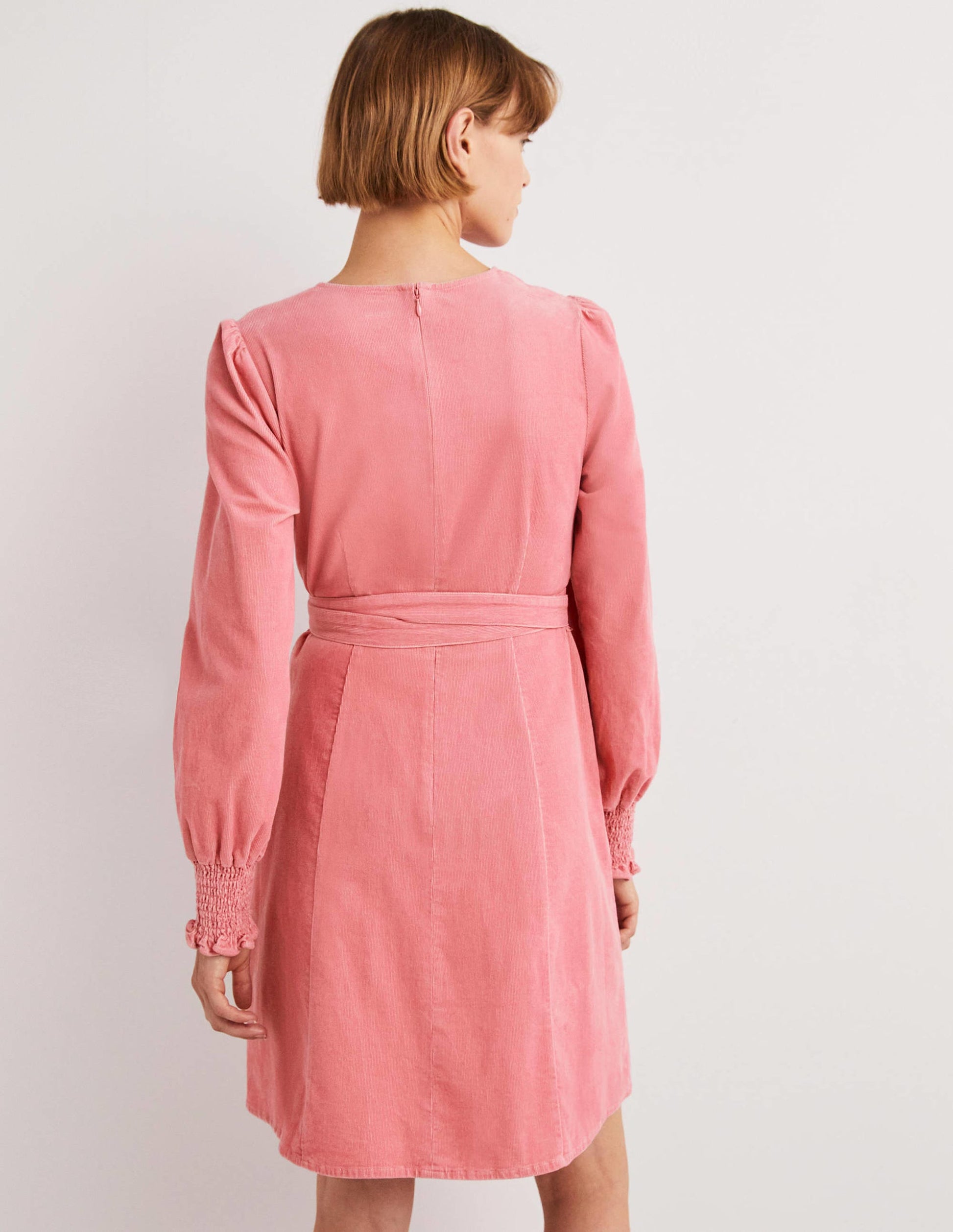Smocked Cuff Corduroy Dress-Wild Rose-3