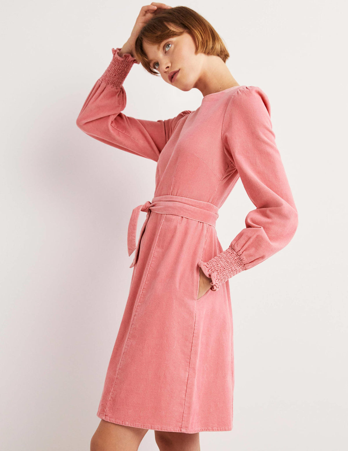 Smocked Cuff Corduroy Dress-Wild Rose - Image 4
