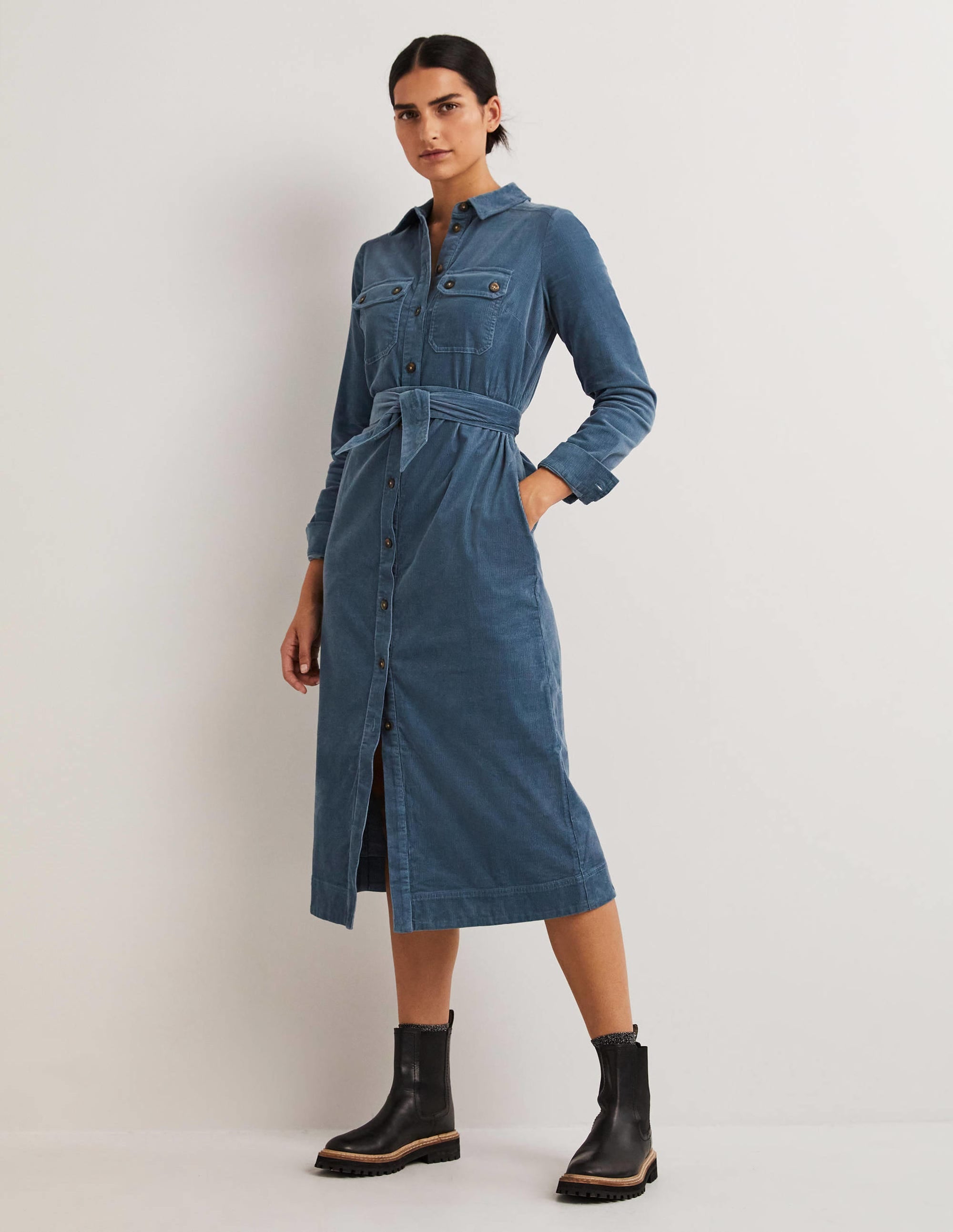 Corduroy Midi Shirt Dress-Mid Blue - Image 1