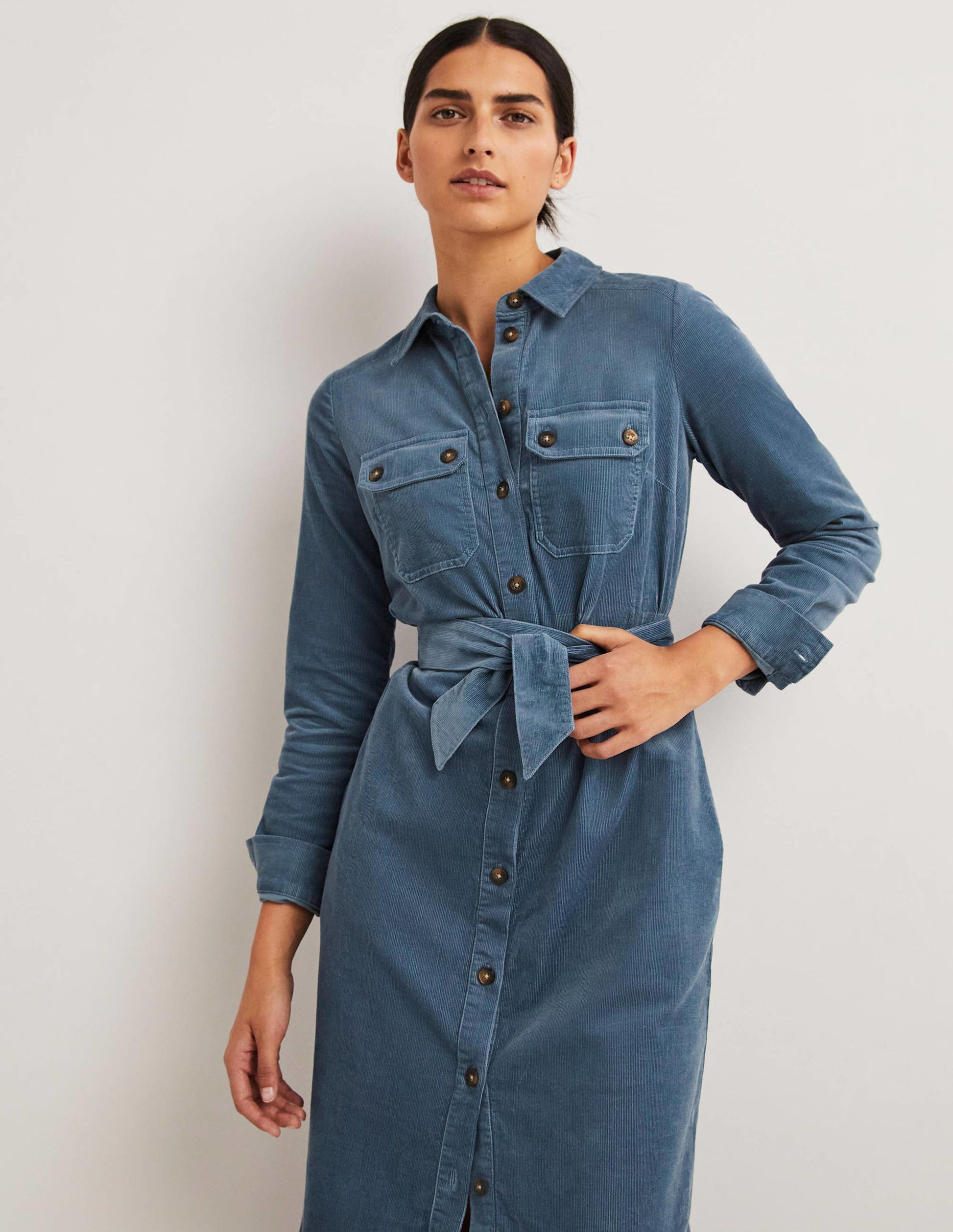 Corduroy Midi Shirt Dress-Mid Blue-4