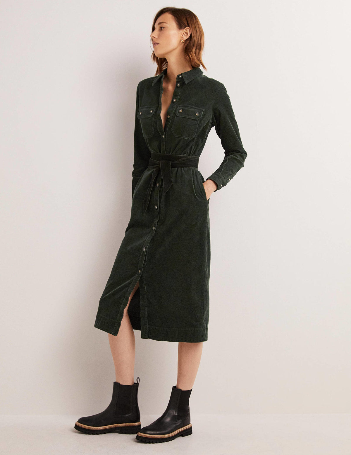 Corduroy Midi Shirt Dress-Forest Green-1