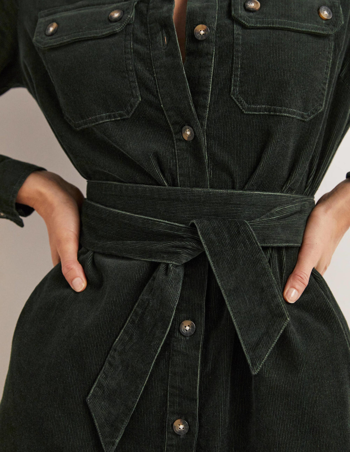 Corduroy Midi Shirt Dress-Forest Green-2