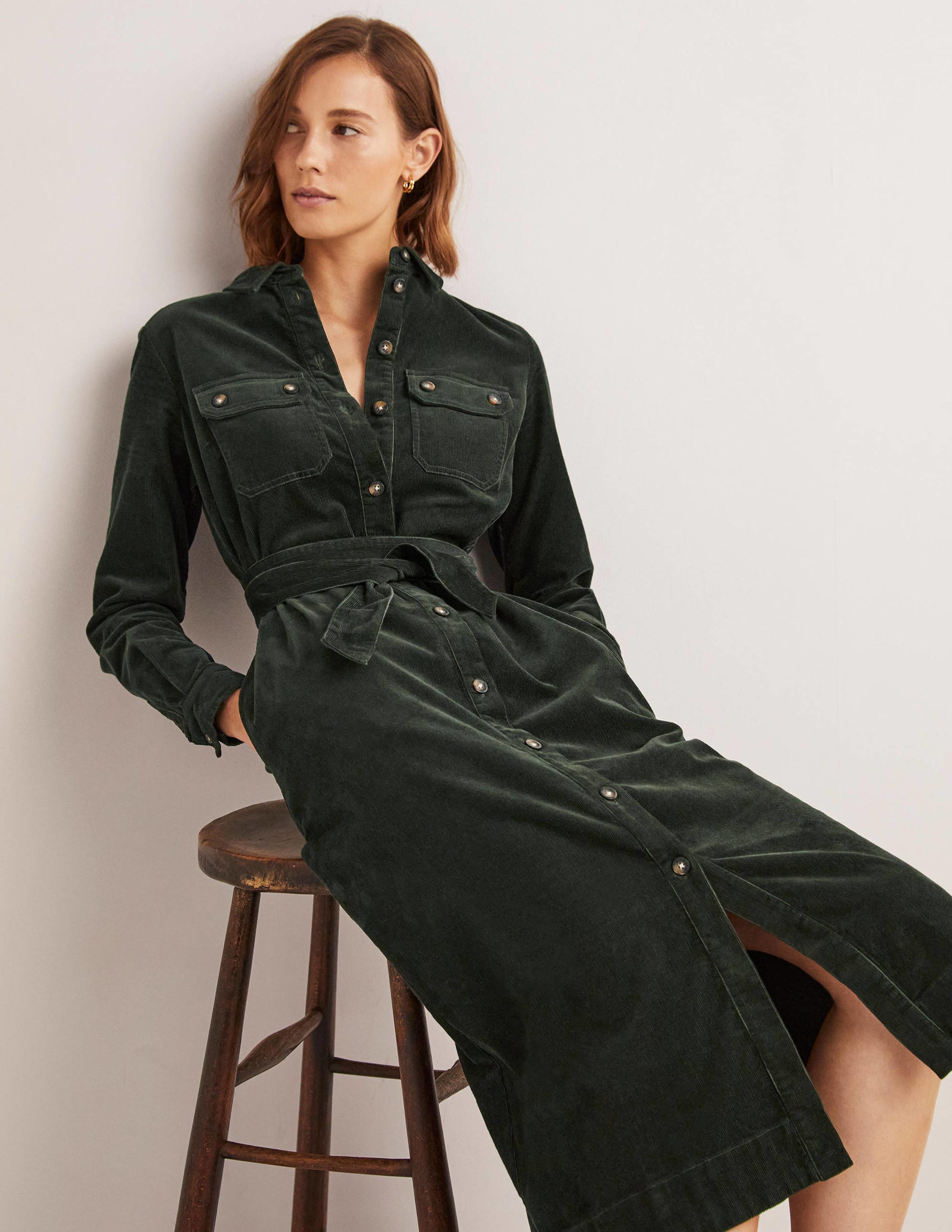 Corduroy Midi Shirt Dress-Forest Green - Image 4